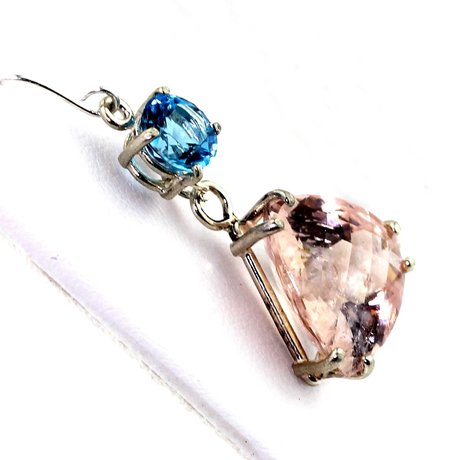 Dangling swinging pink checkerboard gem cut trillion Krinkle Morganites (17 mm x 16 mm) hang elegantly from these brilliant blue Topaz (7 mm).  They hang approximately 1.5 inches from top of the sterling silver hook to the bottom of the Morganite.