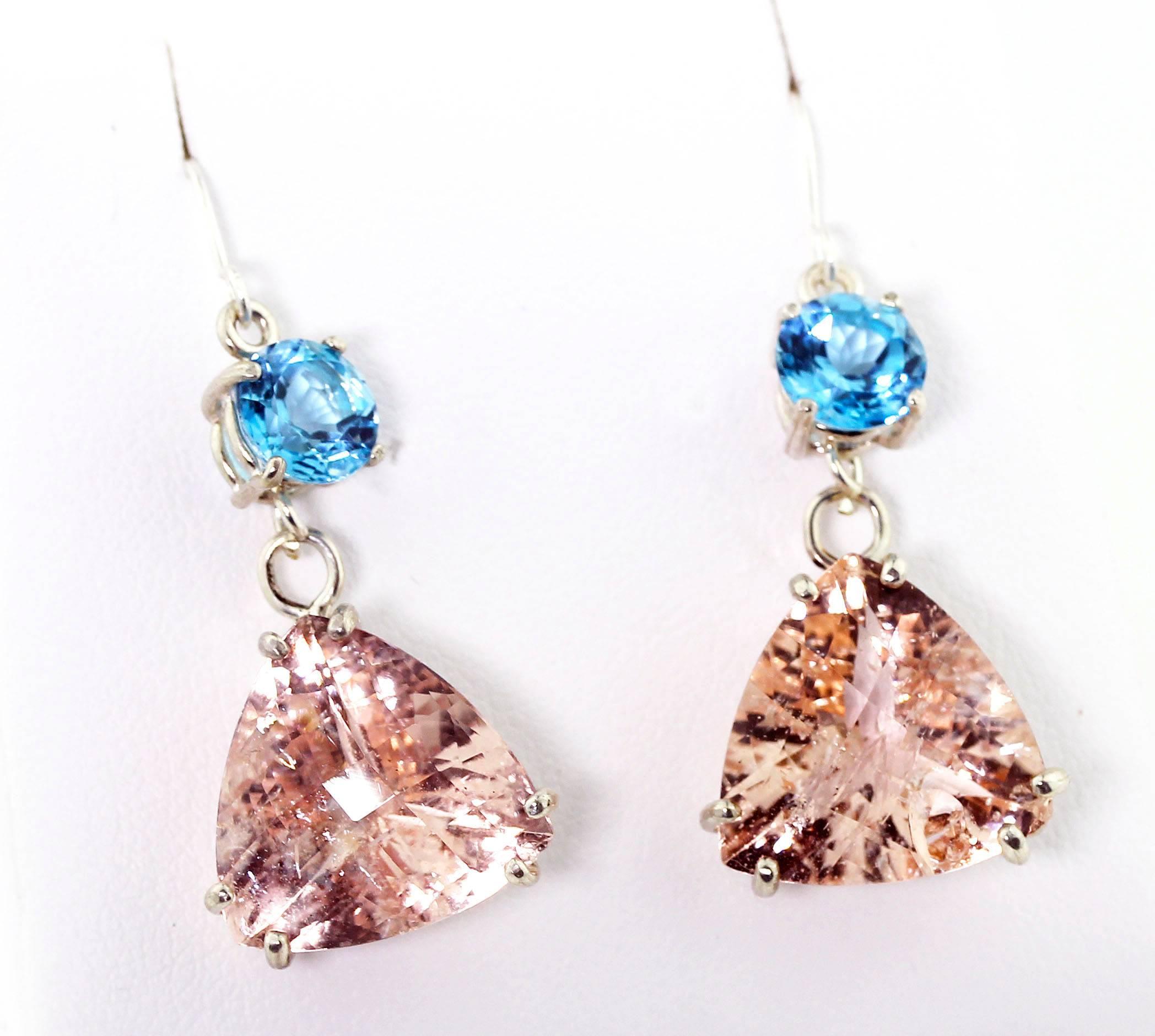 3.5 Carats Blue Topaz swing 19.94 Carats Morganite Sterling Silver Hook Earrings In New Condition In Raleigh, NC
