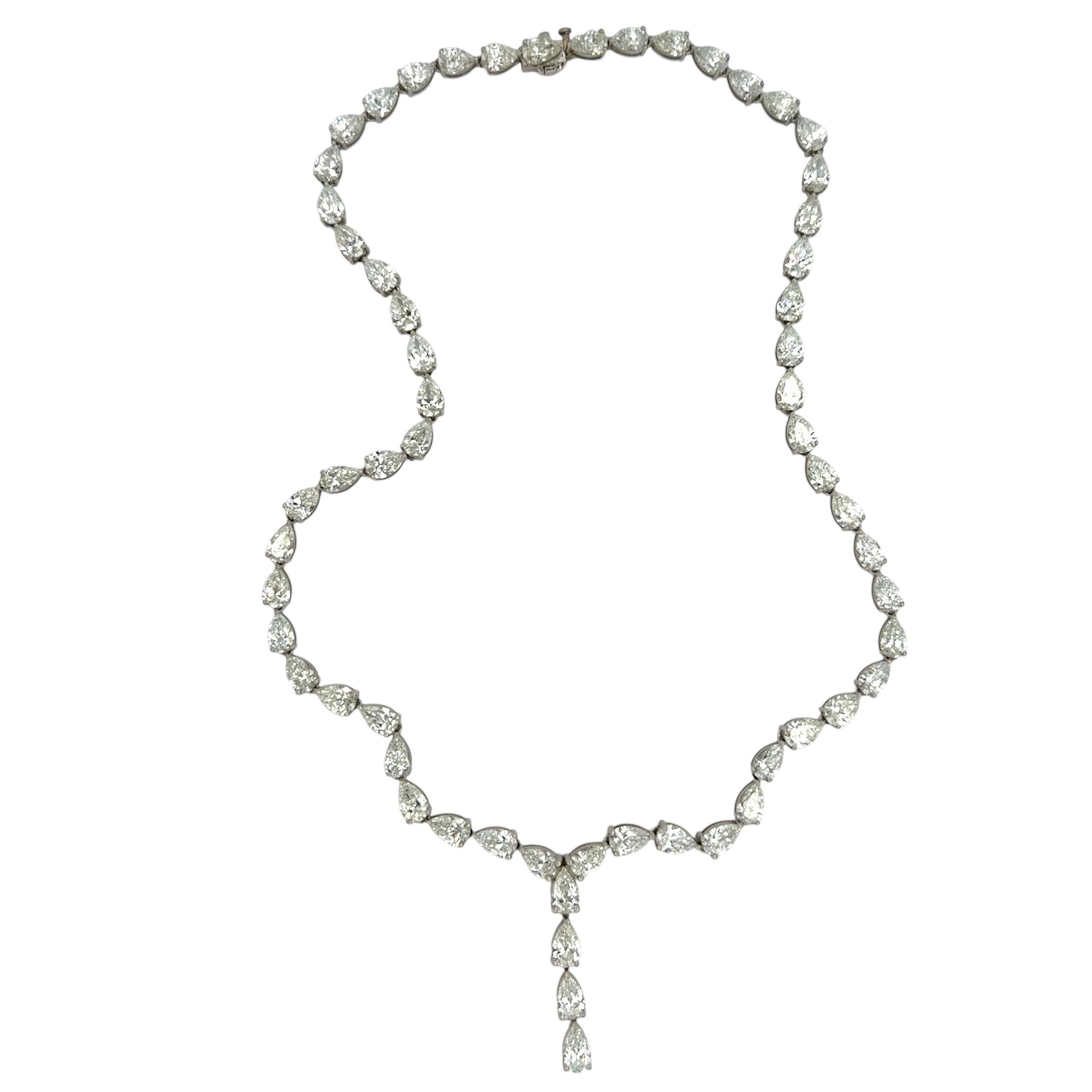 This gorgeous necklace consists of 35.11 carats of high quality pear shaped diamonds. Skillfully crafted in platinum, this necklace is a staple for every collection.

Metal: Platinum
Stamp: LB PLAT D 35.11
Length: 17 inches
Gross weight: 36.00