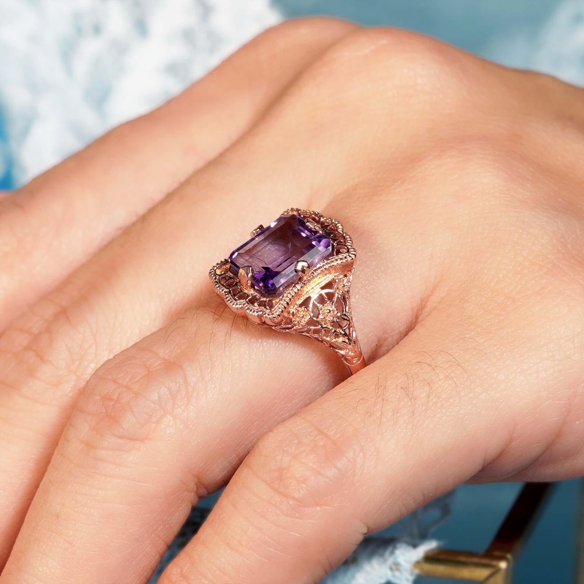 For Sale:  3.5 Ct. Amethyst Vintage Style Filigree Cocktail Ring in Solid 9K Rose Gold 10