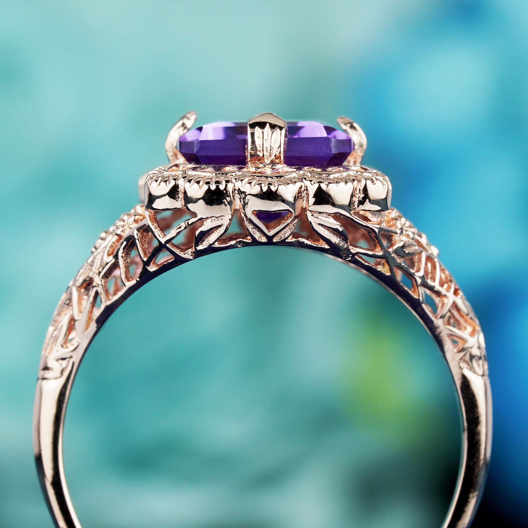 For Sale:  3.5 Ct. Amethyst Vintage Style Filigree Cocktail Ring in Solid 9K Rose Gold 5