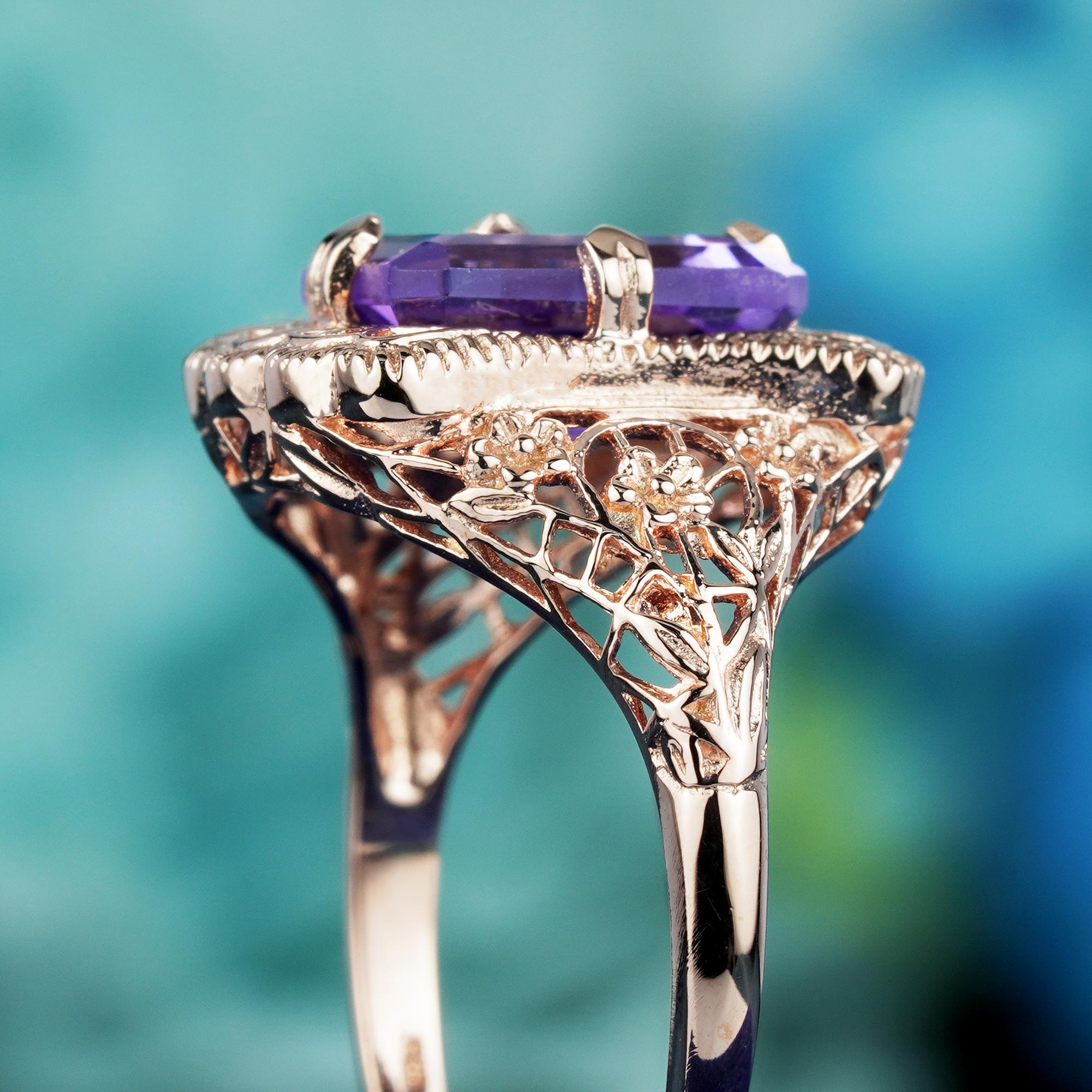For Sale:  3.5 Ct. Amethyst Vintage Style Filigree Cocktail Ring in Solid 9K Rose Gold 6