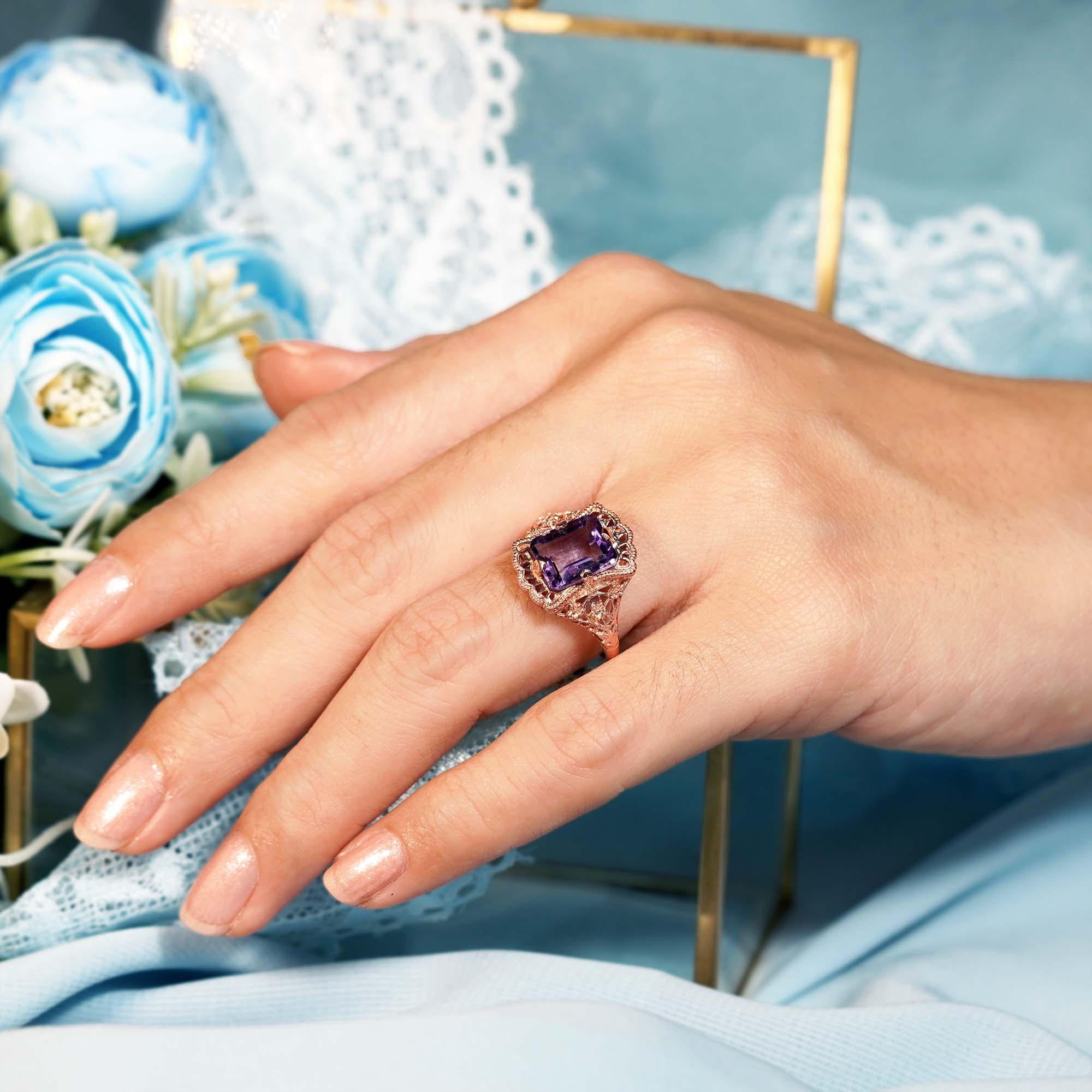 For Sale:  3.5 Ct. Amethyst Vintage Style Filigree Cocktail Ring in Solid 9K Rose Gold 7
