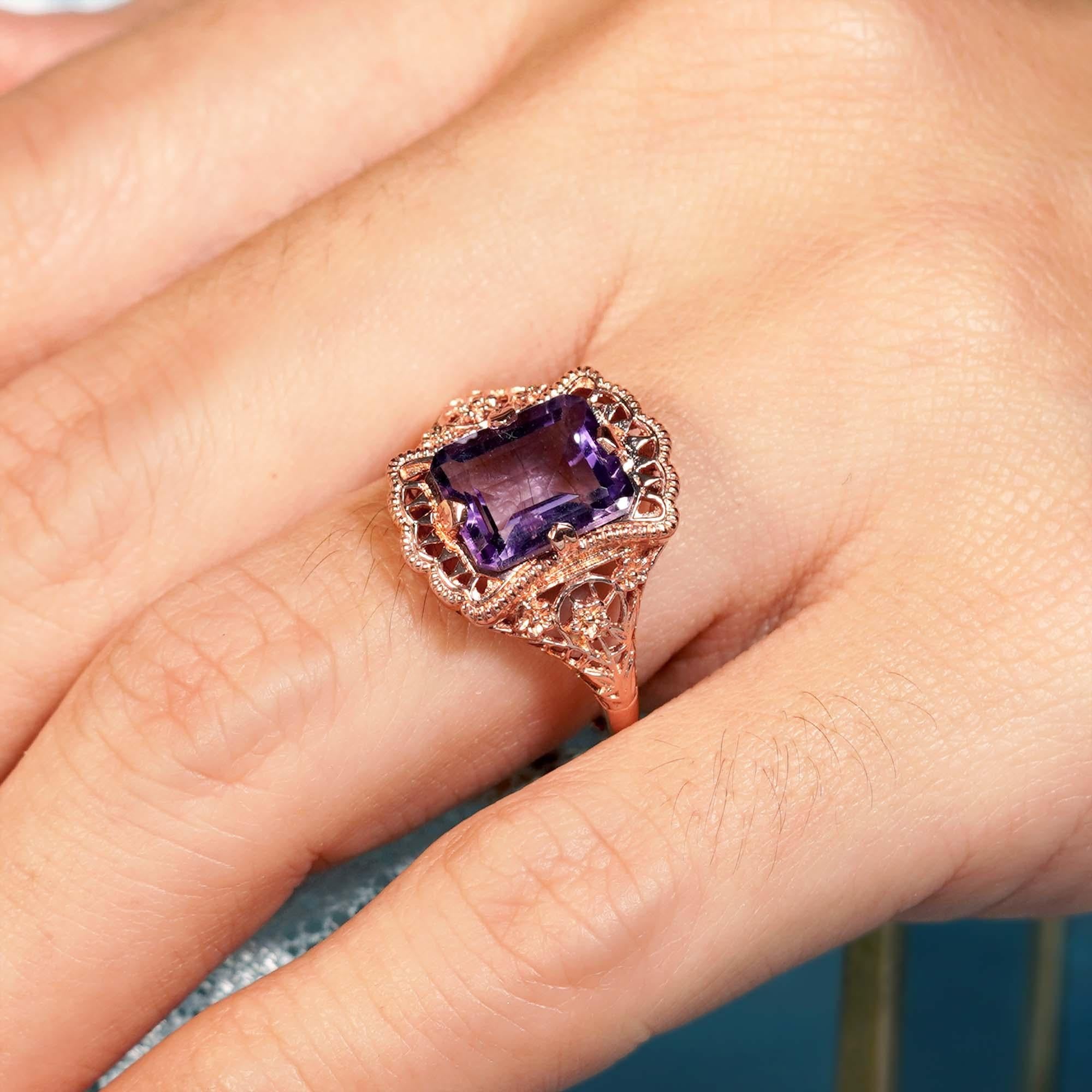 For Sale:  3.5 Ct. Amethyst Vintage Style Filigree Cocktail Ring in Solid 9K Rose Gold 8
