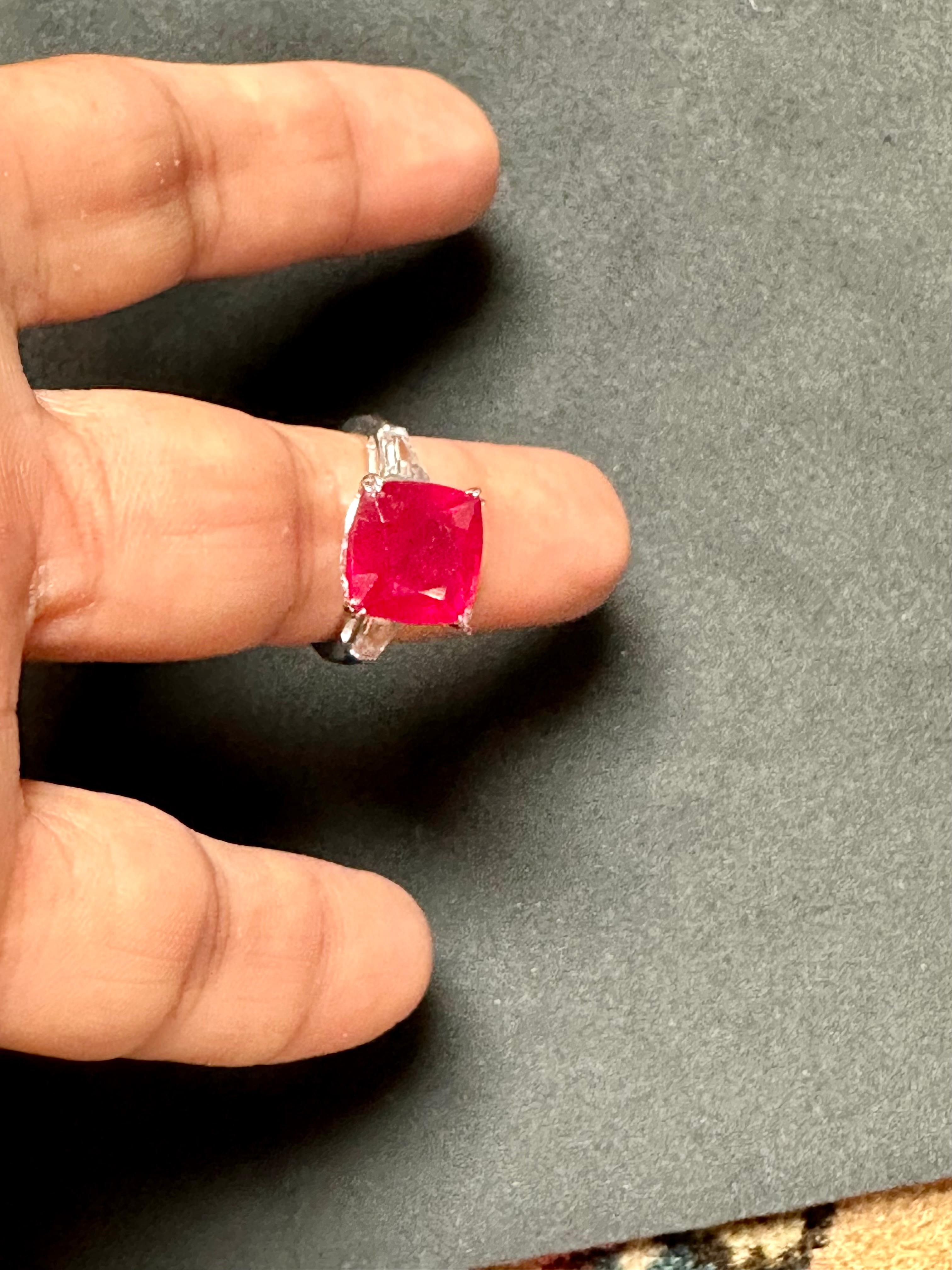 3.5 Ct Cushion Treated Ruby 14 Karat White Gold Ring With Two Baguette Diamonds For Sale 1