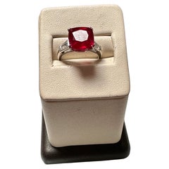 Vintage 3.5 Ct Cushion Treated Ruby 14 Karat White Gold Ring With Two Baguette Diamonds