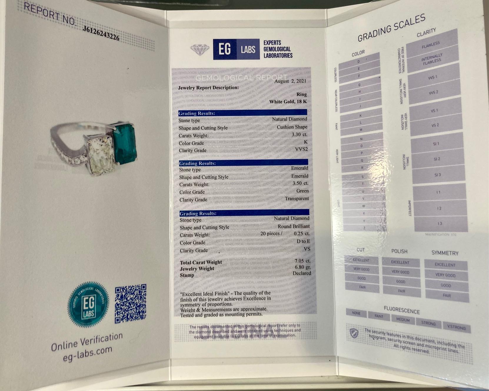 3.5 Ct Emerald 3.3 Ct Diamond White Gold Ring Certified, 1990 5