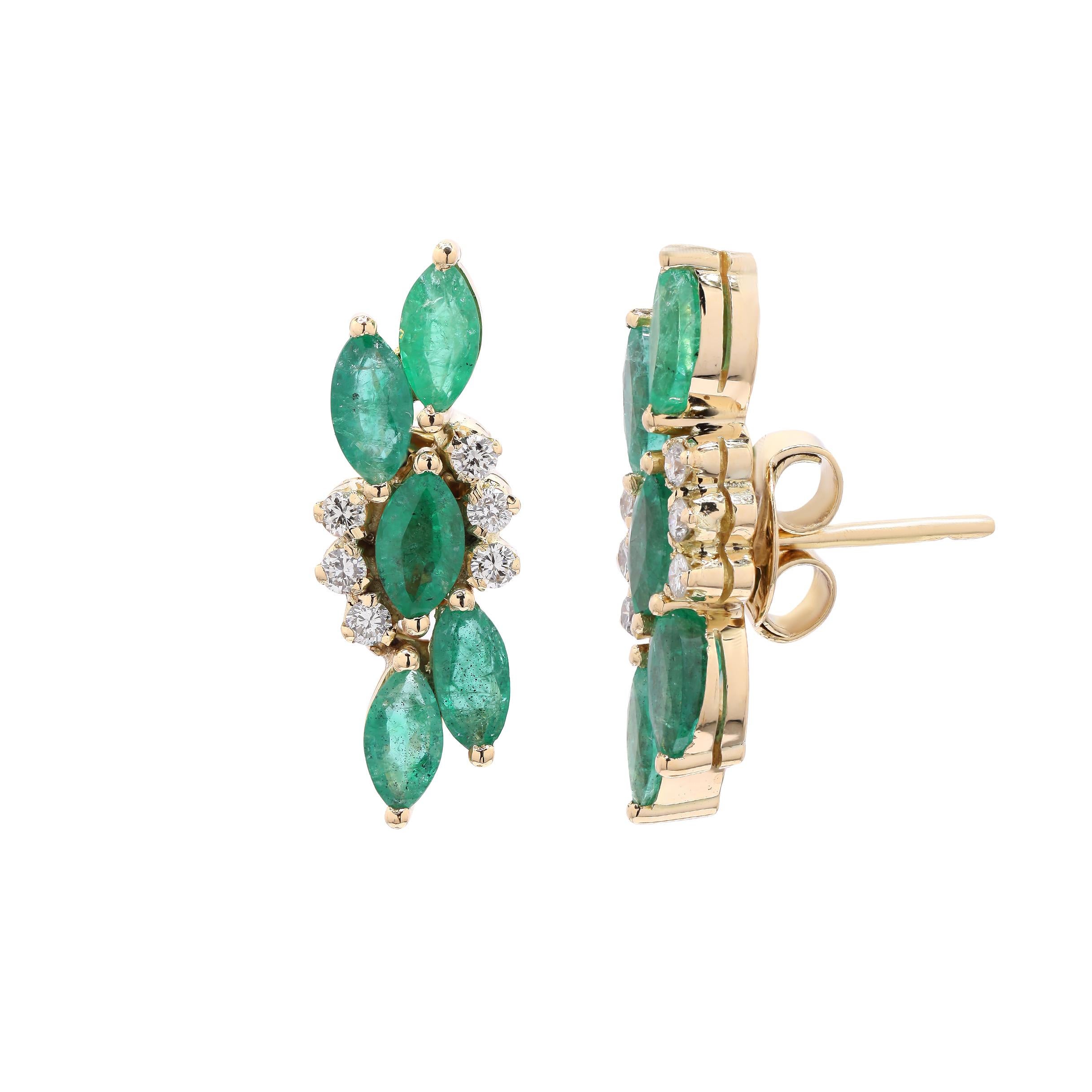 Earrings create a subtle beauty while showcasing the colors of the natural precious gemstones and illuminating diamonds making a statement.
Marquise cut Emerald and Diamond Push back Stud earrings in 18K gold. Embrace your look with these stunning
