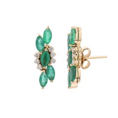 3.5 ct Marquise Cut Emerald and Diamond Stud Earrings in 18K Solid Yellow Gold