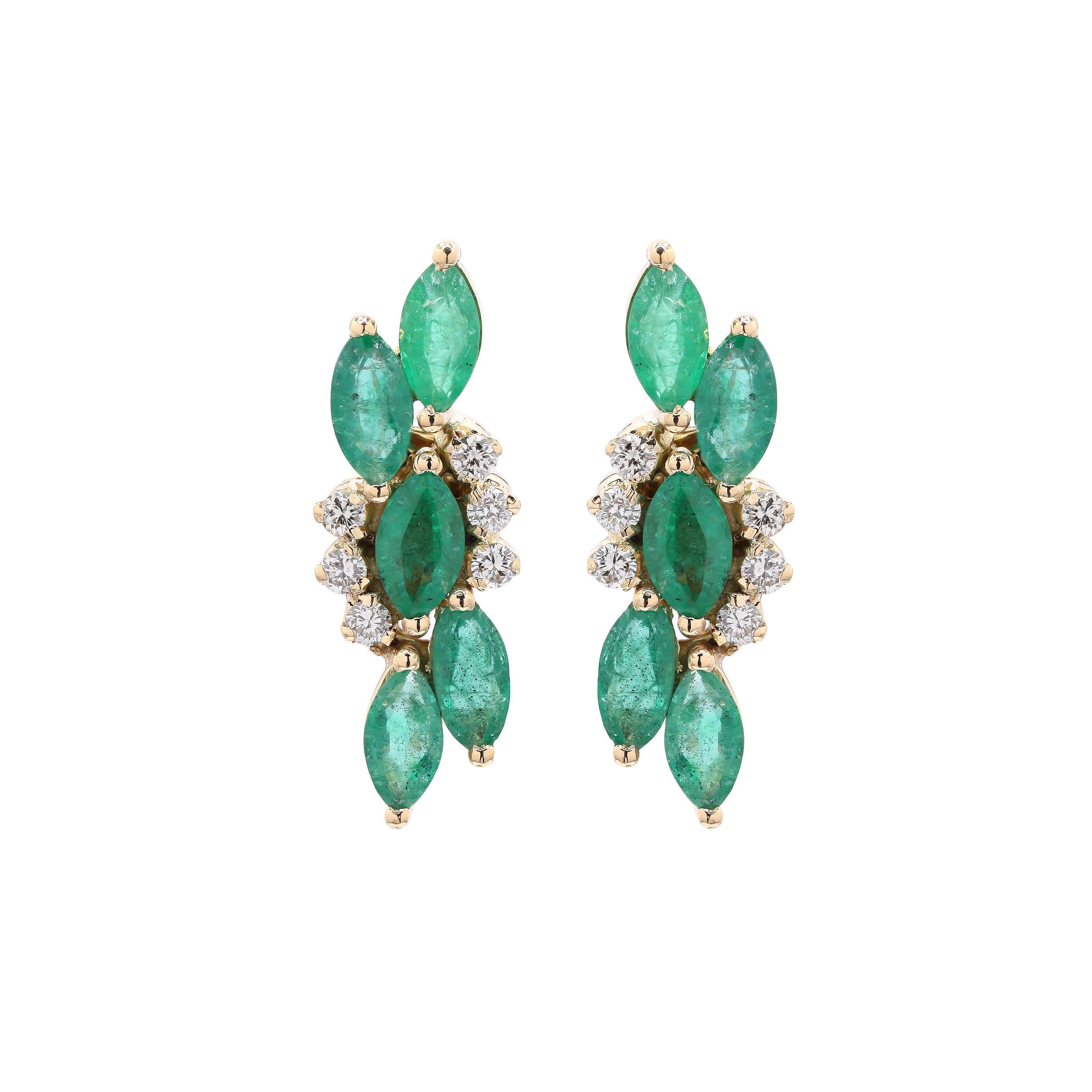 Modern 3.5 ct Marquise Cut Emerald and Diamond Stud Earrings in 18K Solid Yellow Gold  For Sale