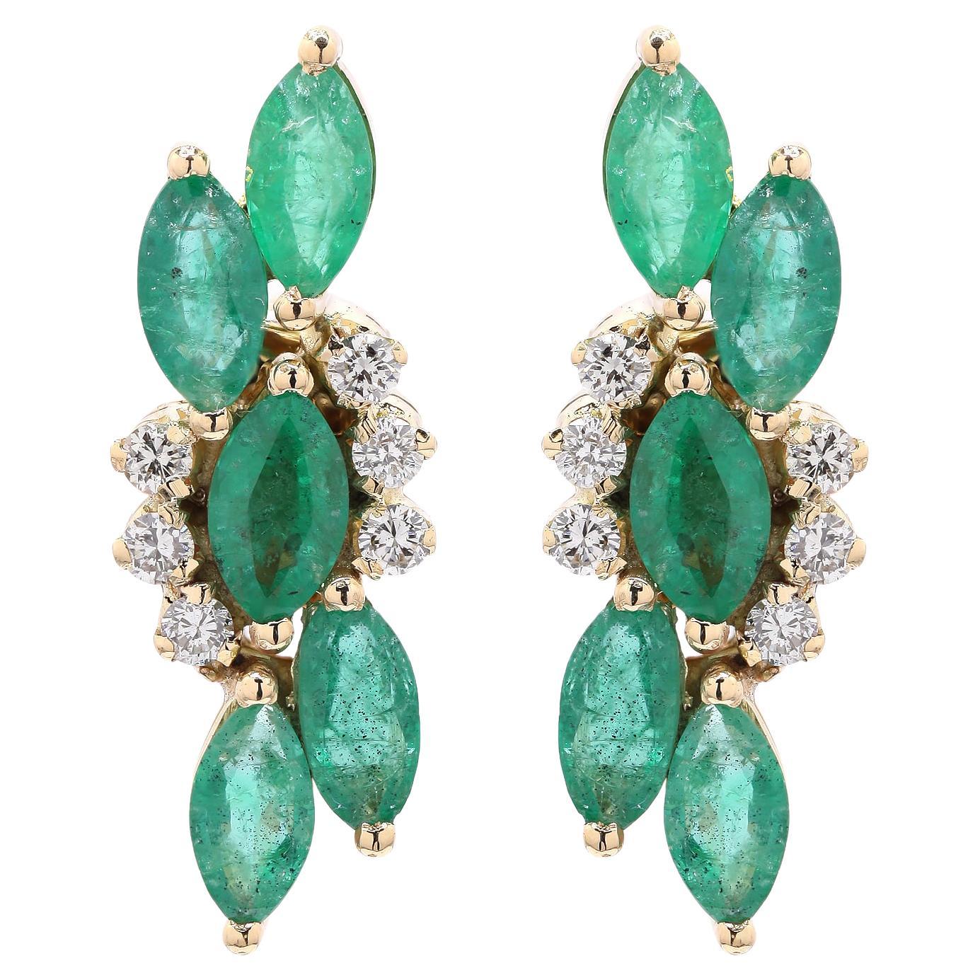 3.5 ct Marquise Cut Emerald and Diamond Stud Earrings in 18K Solid Yellow Gold  For Sale
