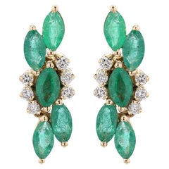 3.5 ct Marquise Cut Emerald and Diamond Stud Earrings in 18K Solid Yellow Gold 