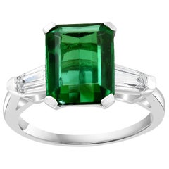3.5 Ct Natural Emerald Cut Green Tourmaline & Diamond Ring 18KW Gold