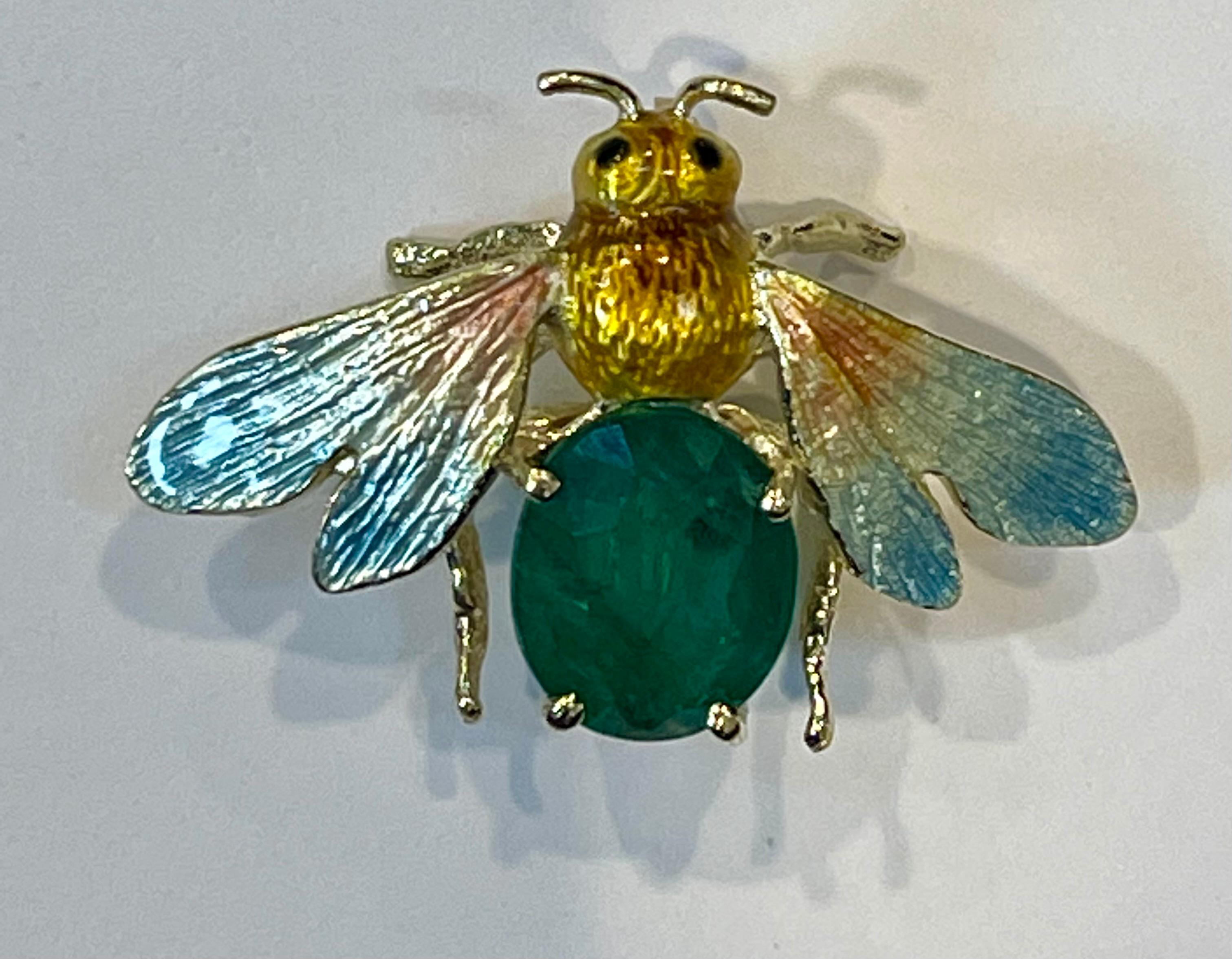 3.5 Ct Natural Oval Emerald Bug Brooch /Pin 14 Karat Yellow Gold 7.7 Gm, Enamel 2