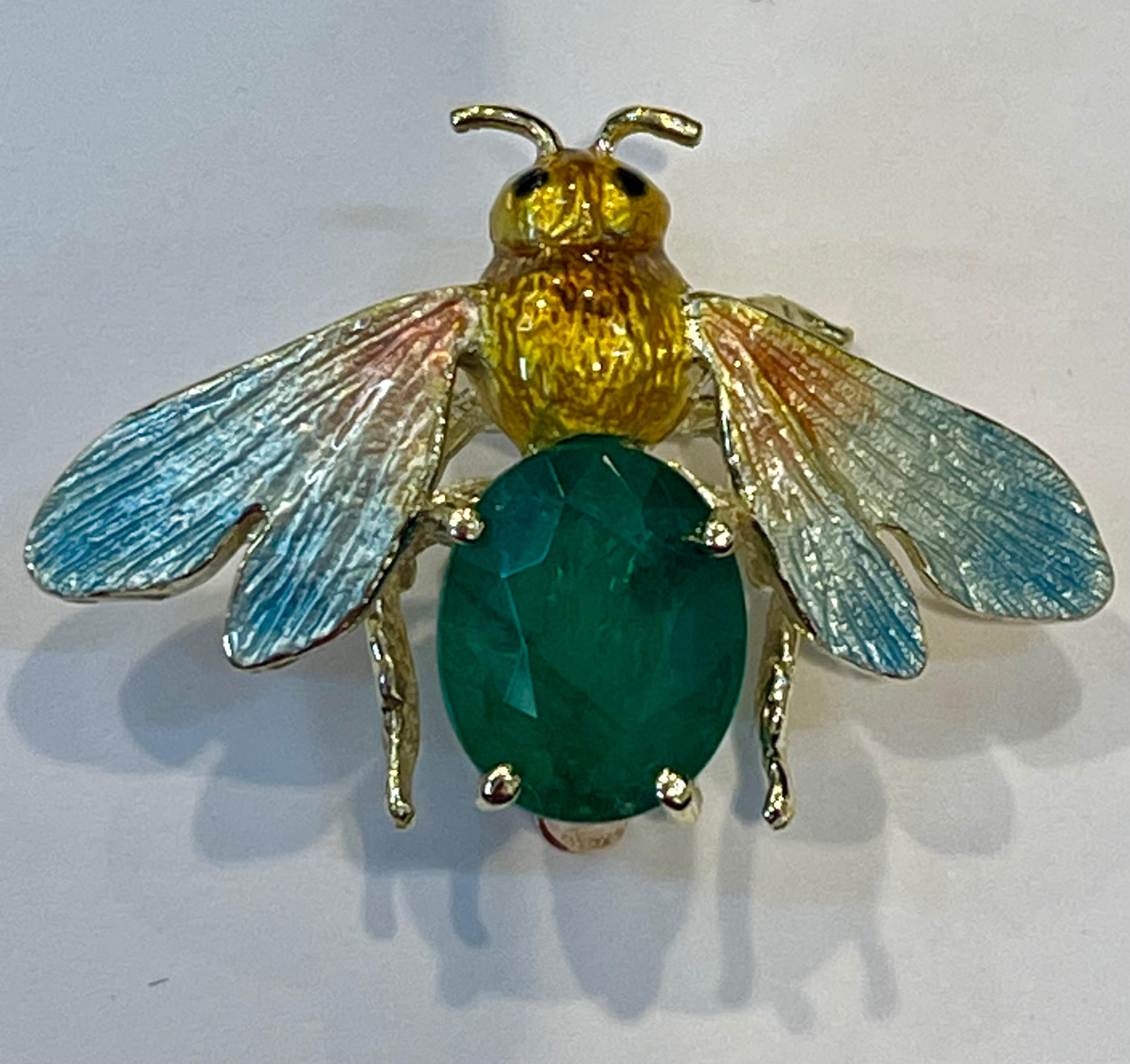 3.5 Ct Natural Oval Emerald Bug Brooch /Pin 14 Karat Yellow Gold 7.7 Gm, Enamel 7