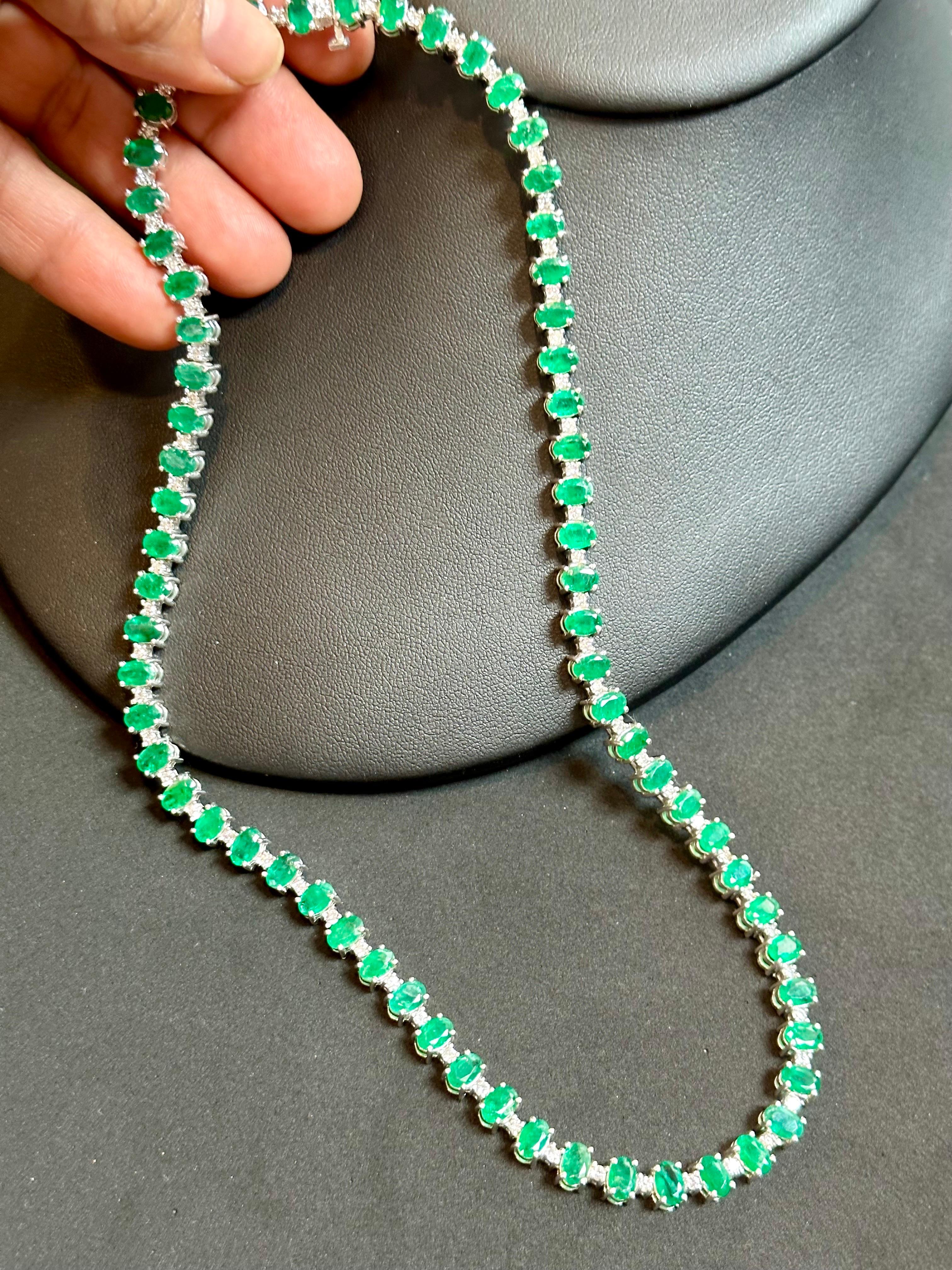 35 Carat Oval Brazilian Emerald & 3 Carat Diamond Tennis Necklace 14KWG 8