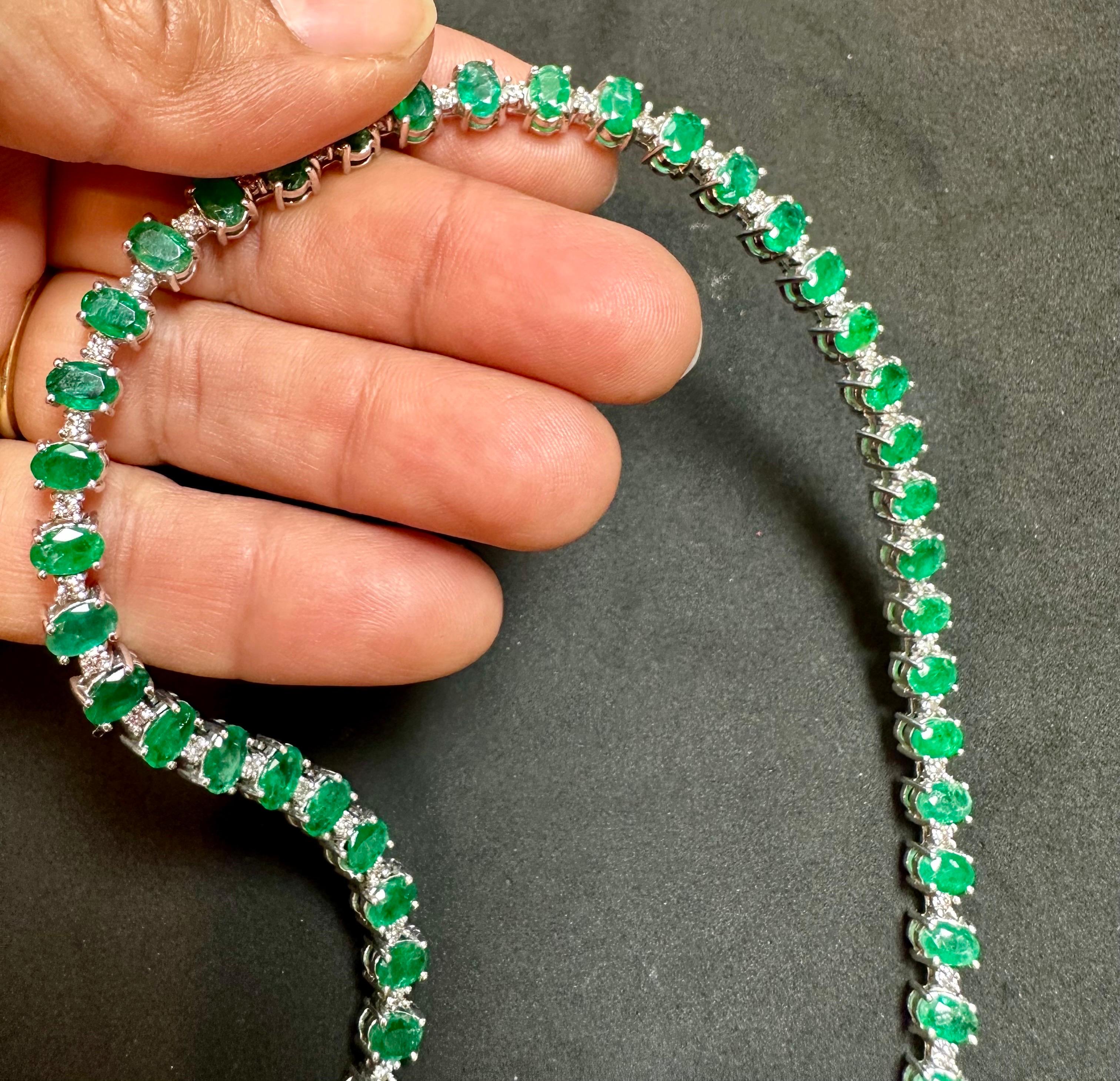 35 Carat Oval Brazilian Emerald & 3 Carat Diamond Tennis Necklace 14KWG 11