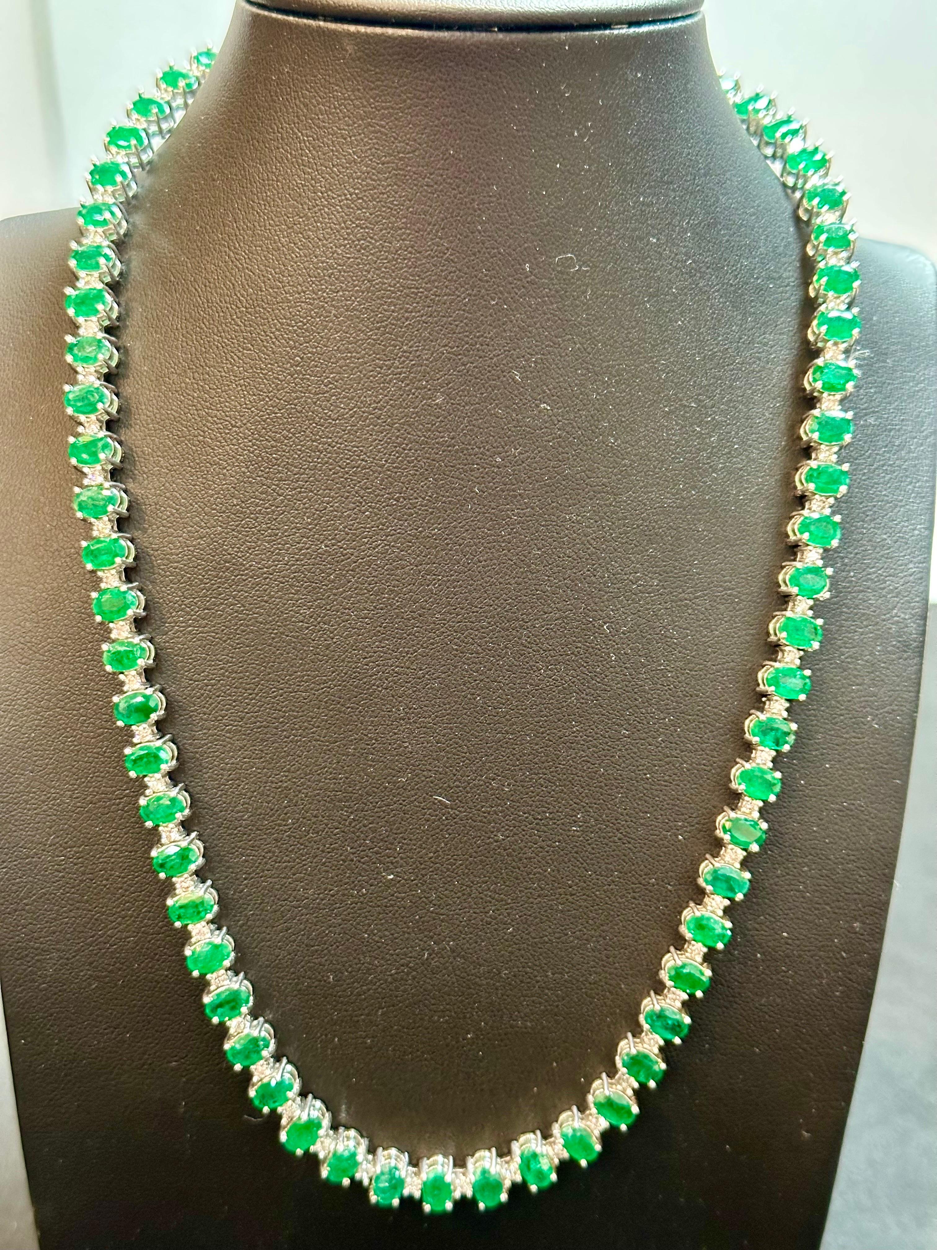 35 Carat Oval Brazilian Emerald & 3 Carat Diamond Tennis Necklace 14KWG In Excellent Condition In New York, NY