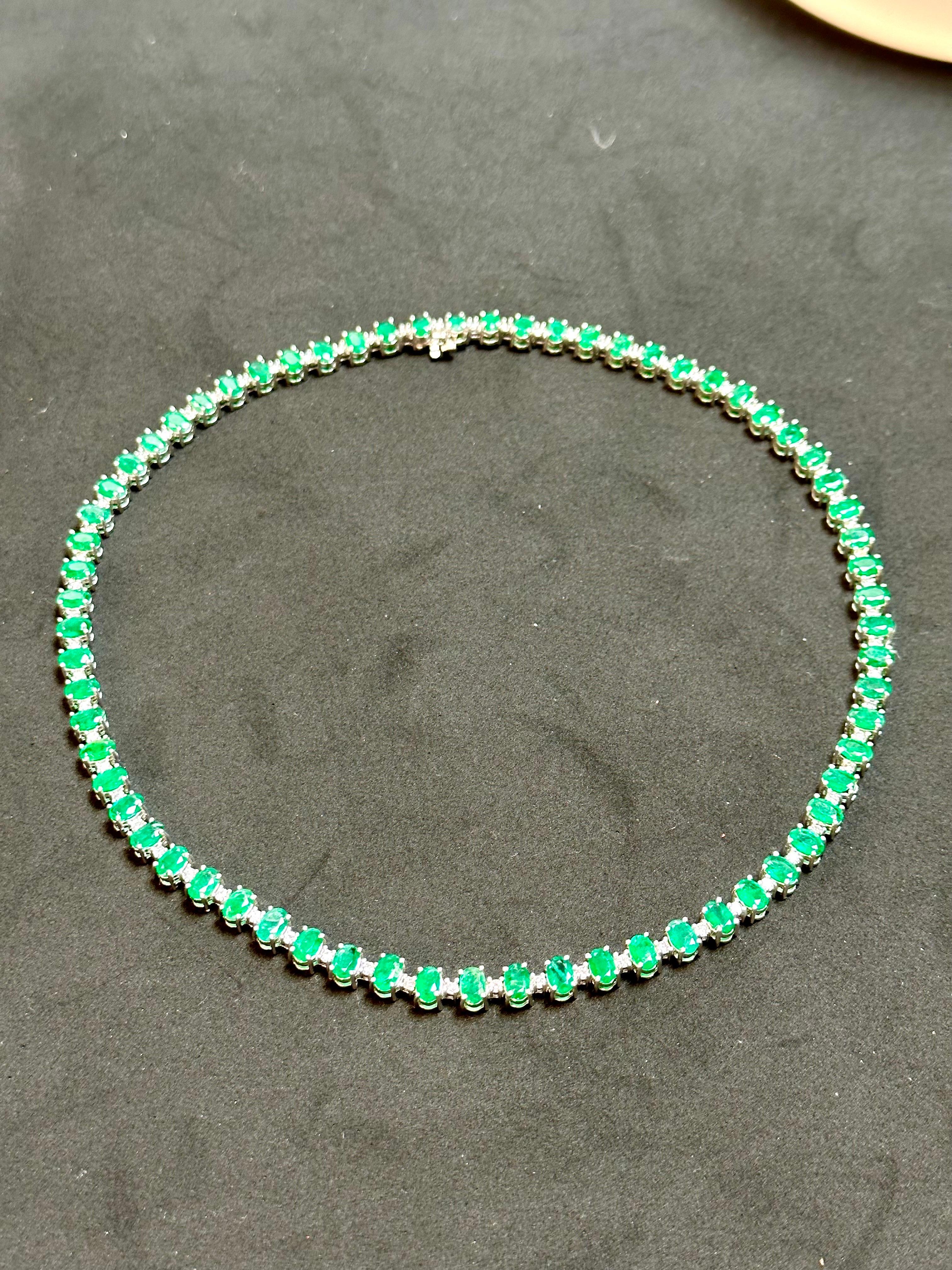 35 Carat Oval Brazilian Emerald & 3 Carat Diamond Tennis Necklace 14KWG 1