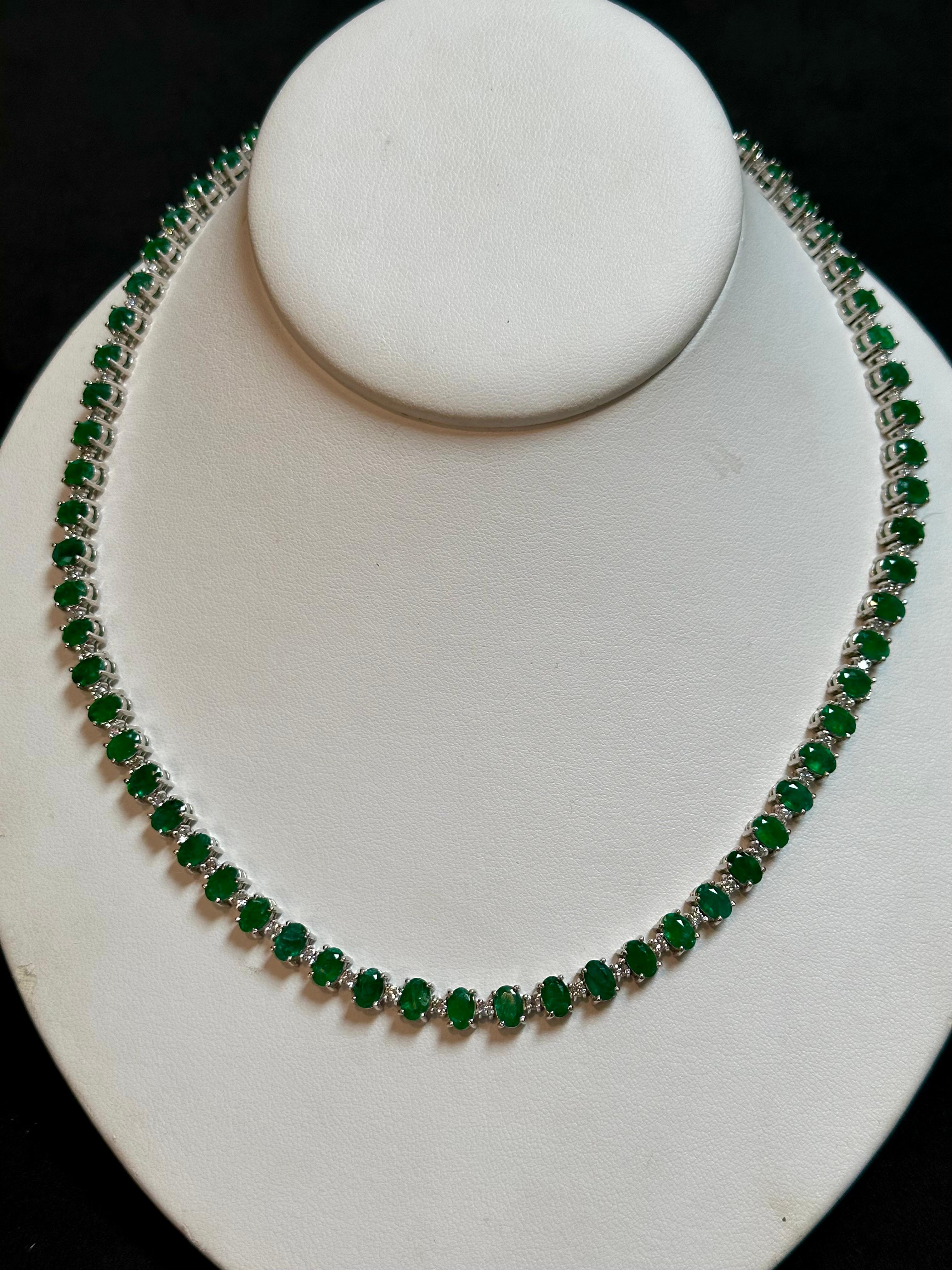 35 Carat Oval Brazilian Emerald & 3 Carat Diamond Tennis Necklace 14KWG 2