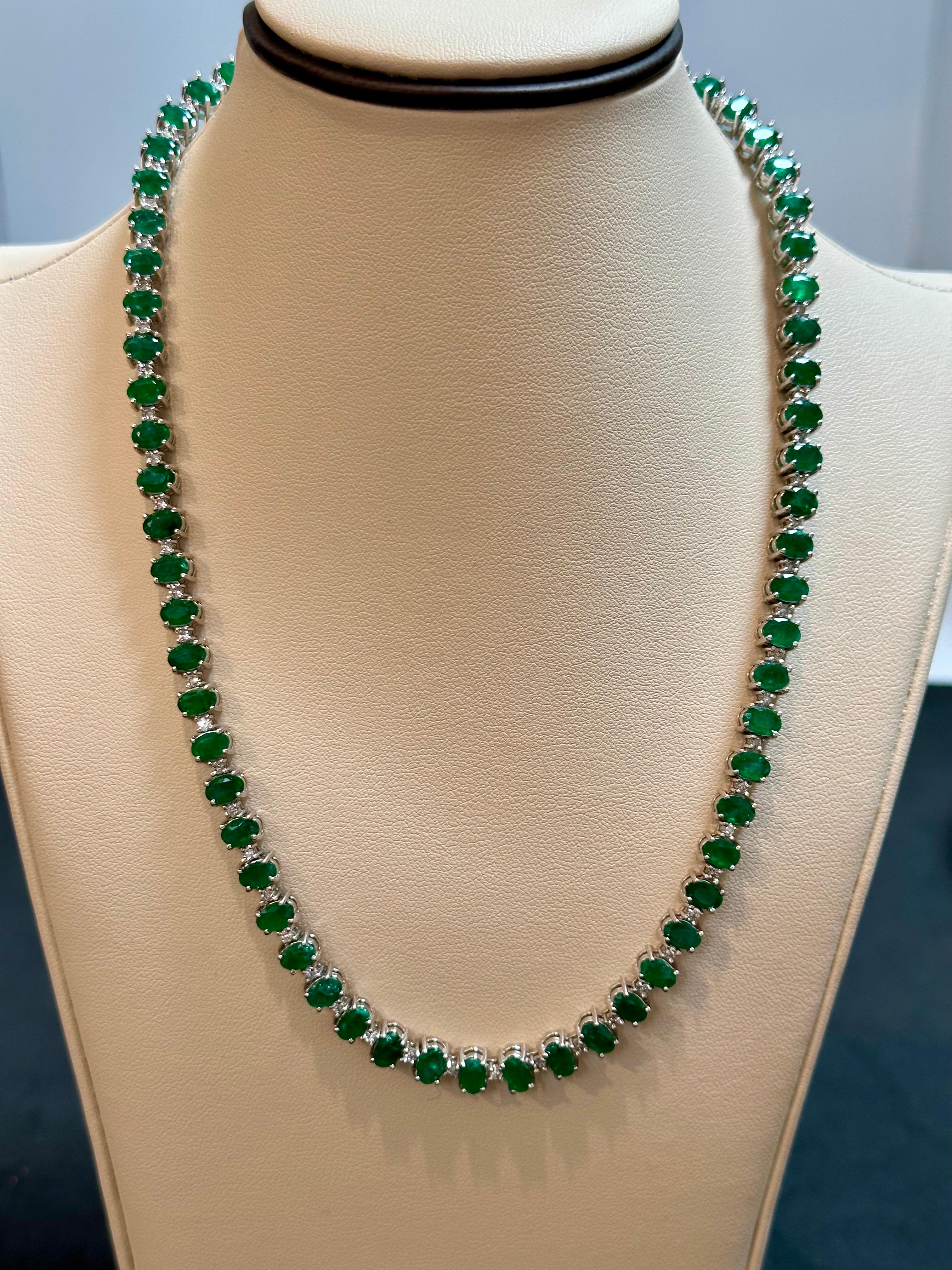 35 Carat Oval Brazilian Emerald & 3 Carat Diamond Tennis Necklace 14KWG 3