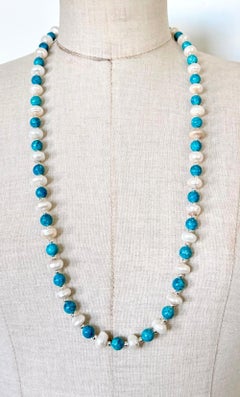 35 Freshwater Pearls (12mm) And 35 Stabilized Turquoise Spheres (10mm) Necklace
