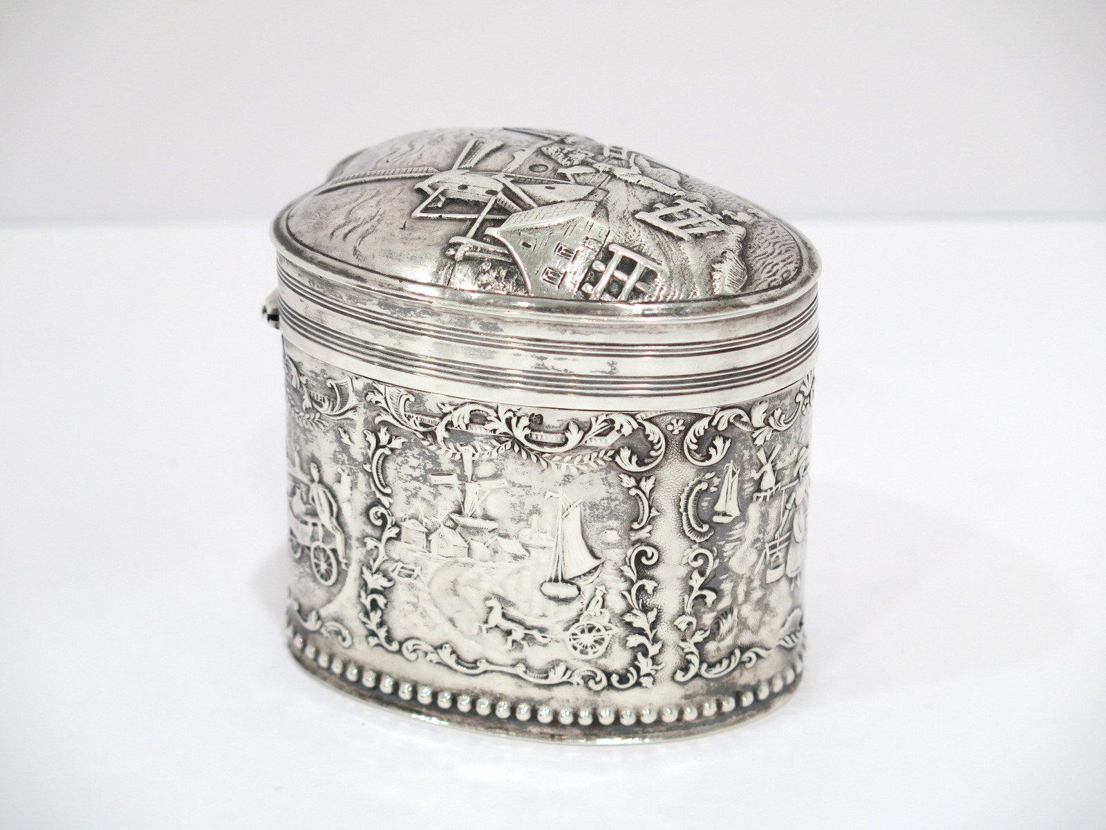 3.5 in - 835 Silver Antique Dutch Windmill Heart-Shaped Tea Caddy In Good Condition For Sale In Brooklyn, NY
