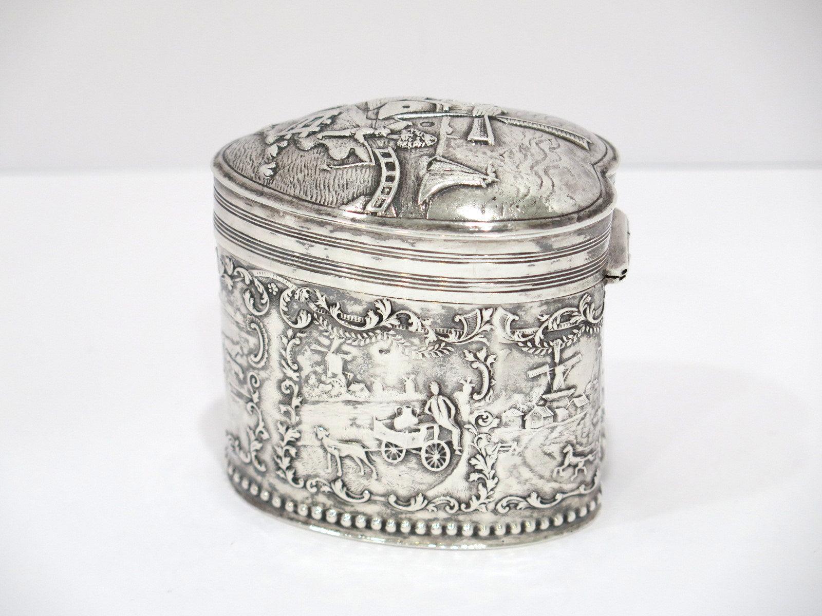 20th Century 3.5 in - 835 Silver Antique Dutch Windmill Heart-Shaped Tea Caddy For Sale