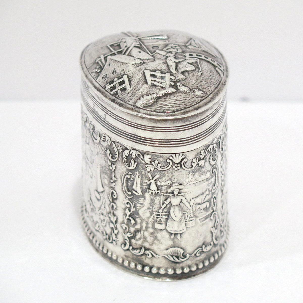 3.5 in - 835 Silver Antique Dutch Windmill Heart-Shaped Tea Caddy For Sale 1