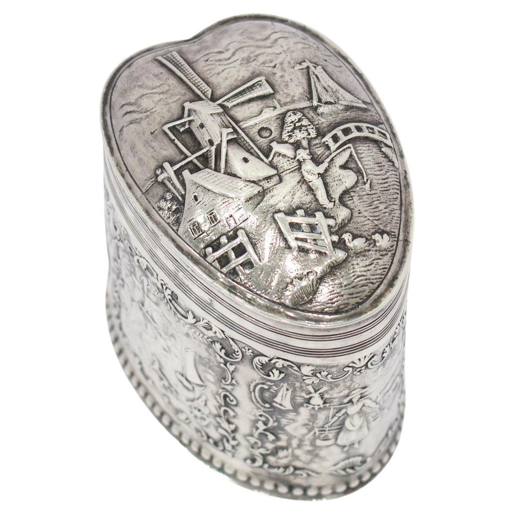 3.5 in - 835 Silver Antique Dutch Windmill Heart-Shaped Tea Caddy For Sale