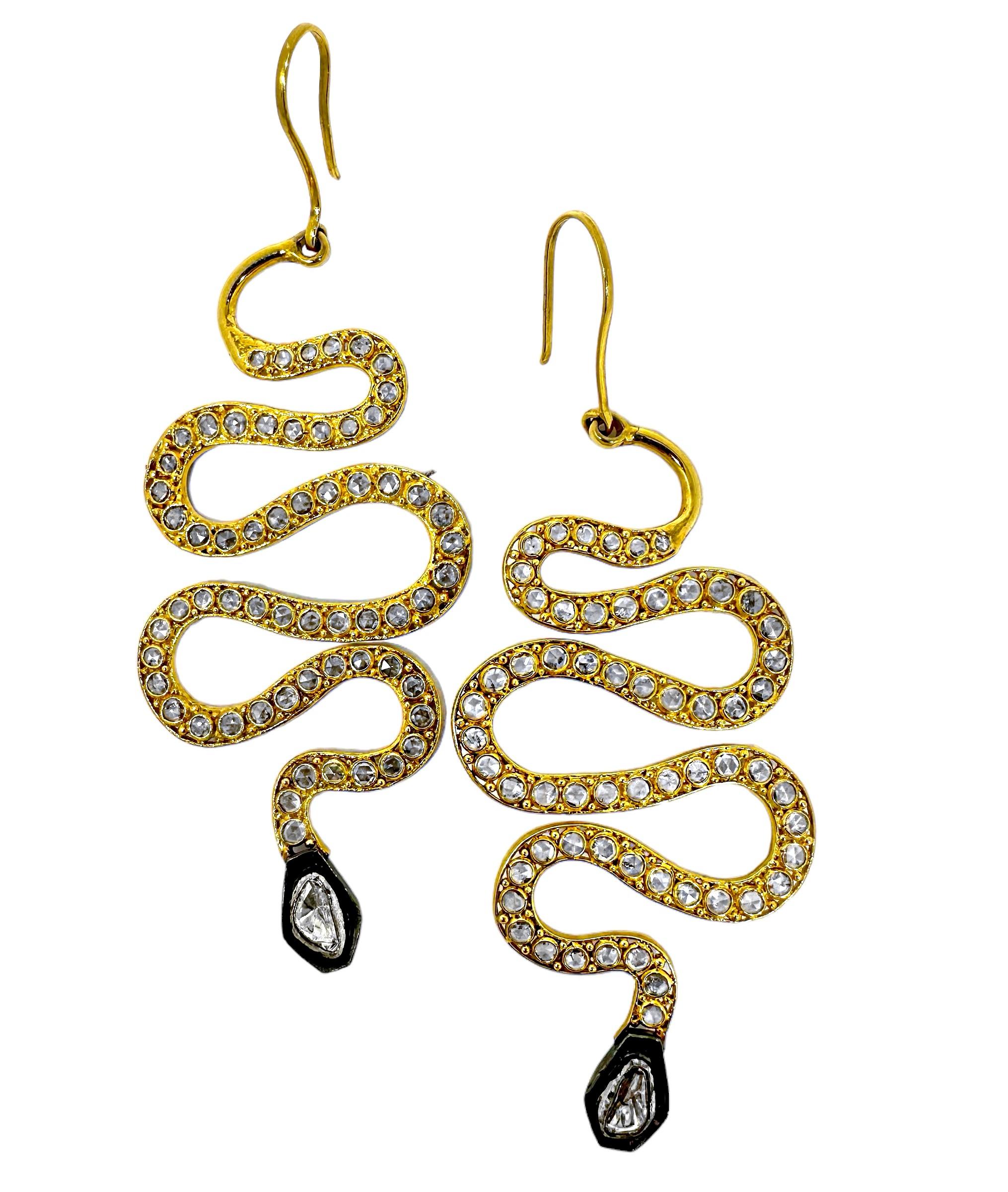 3.5 Inches Long 14k Yellow Gold and Rose Cut Diamond Serpentine Hanging Earrings For Sale