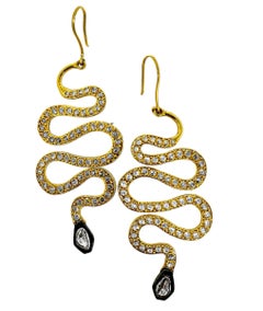 Boucles d'oreilles pendantes en or jaune 14k et diamants taillés en rose de 3,5 pouces de long, en forme de serpentin