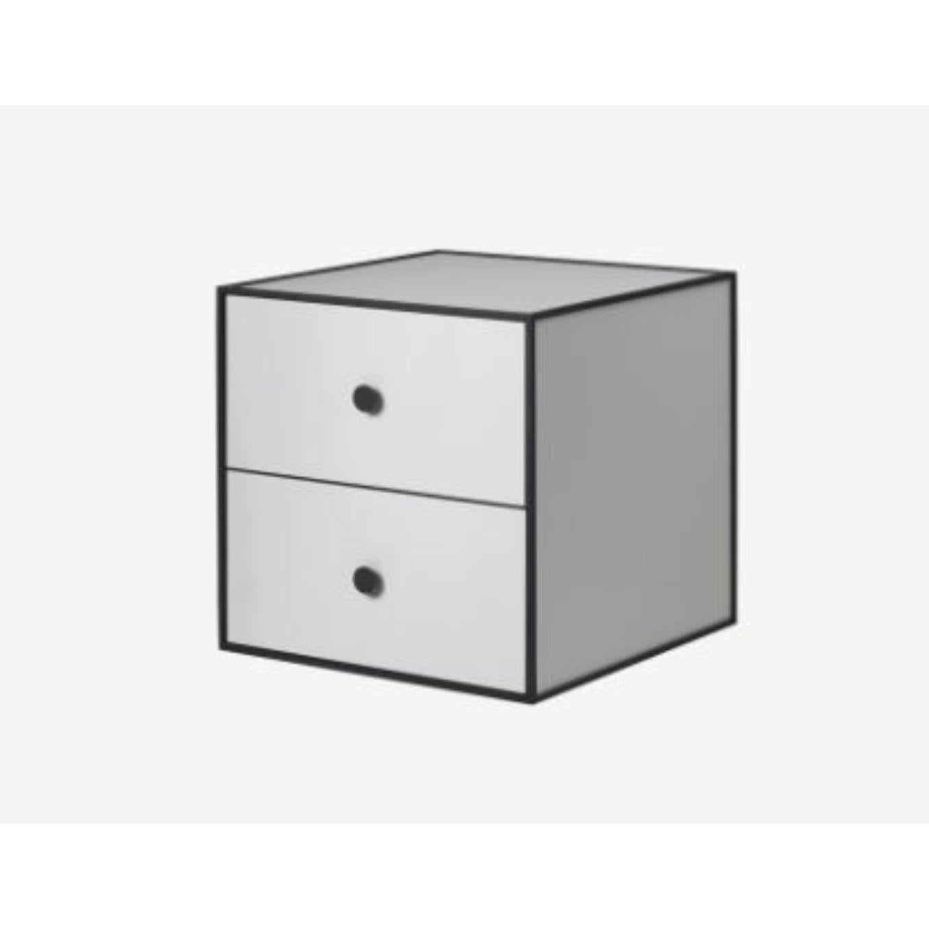 35 Dark grey frame box with 2 drawer by Lassen
Dimensions: W 35 x D 35 x H 35 cm 
Materials: Finér, Melamin, Melamin, Melamine, Metal, Veneer,
Also available in different colors and dimensions. 
Weight: 10.50, 10.50, 11.50, 11.50 Kg

Frame