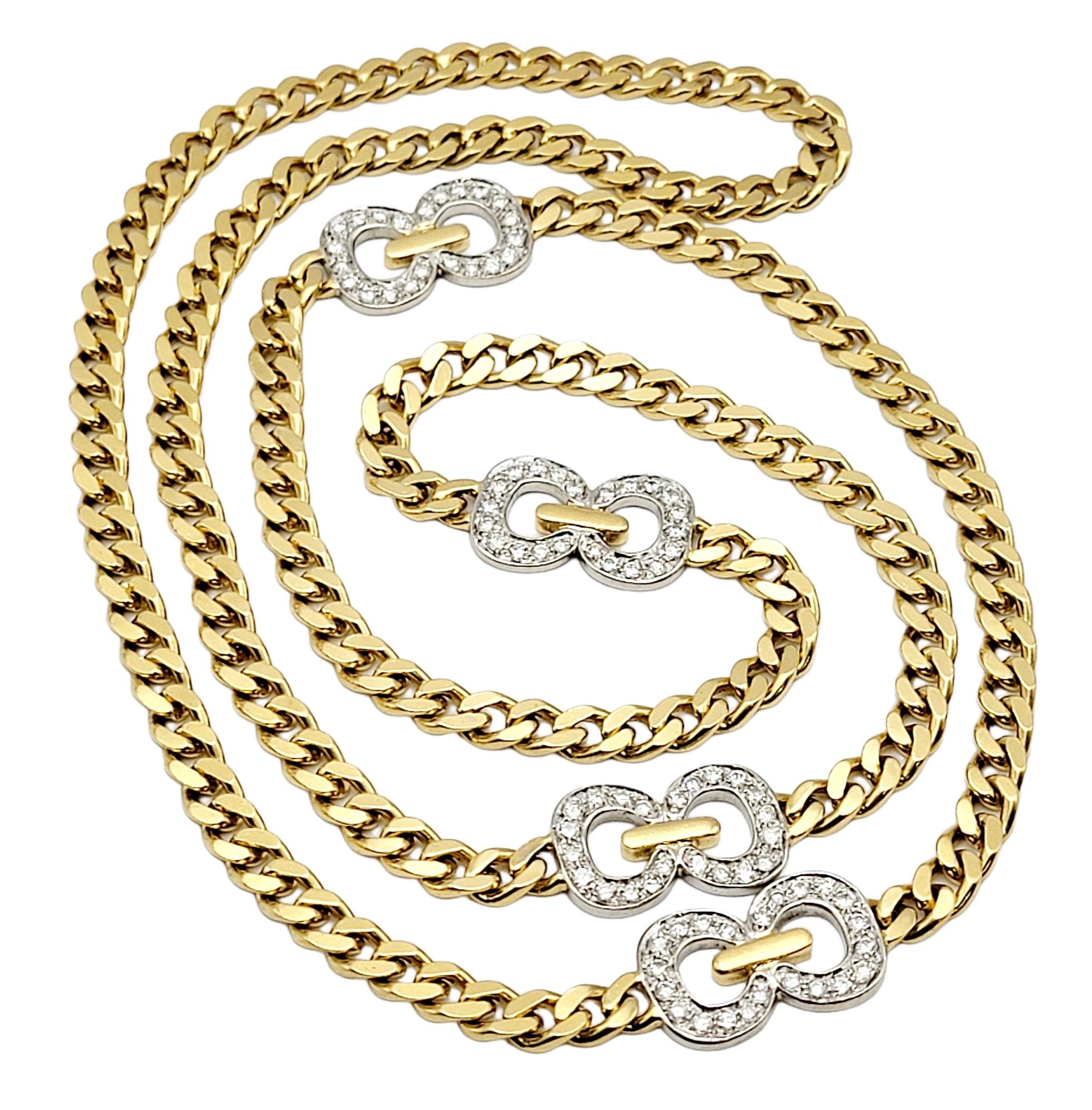 Shown here is modernized, feminine version of the classic Cuban link necklace. Narrower and lighter in style, this elongated piece is accented with stunning natural diamonds, creating a unique and fashionable piece. 
 
This eye-catching necklace