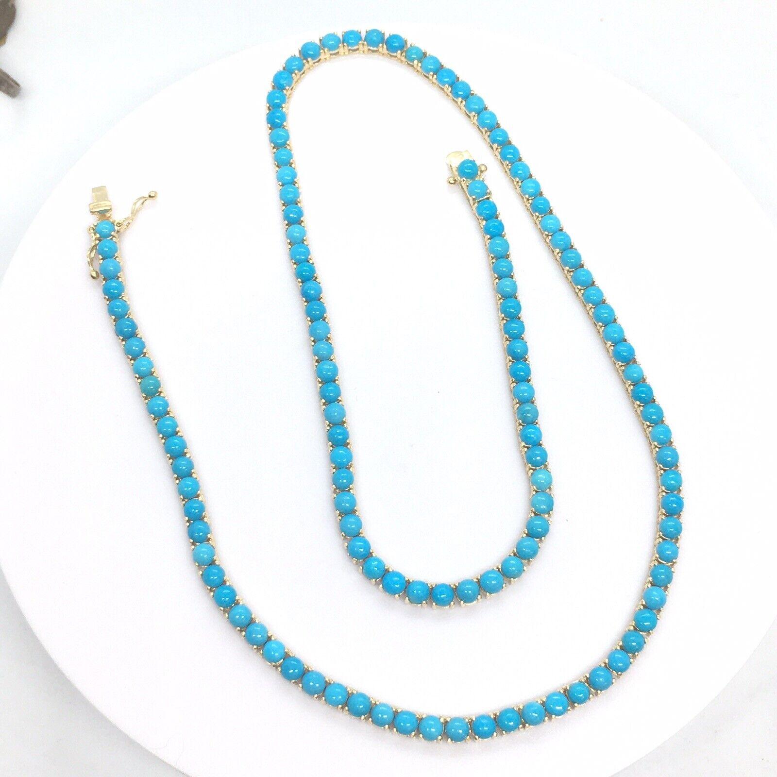 3.5 mm Round Cabochon Arizona Turquoise Tennis Necklace 14k Yellow Gold Necklace
New made in our shop, Santa Monica, Ca.

Weighting 23.5 gram made of 14K solid gold

Natural Mined Arizona 3.5 mm Round Cabochon Cut Turquoise

18.5 inch long
