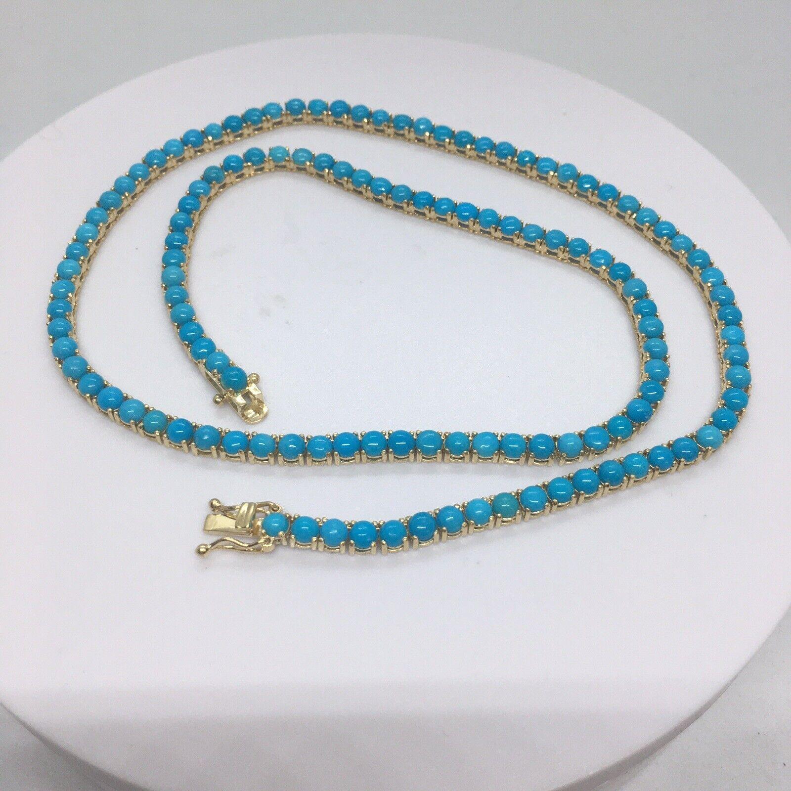 3.5 mm Round Cabochon Arizona Turquoise Tennis Necklace 14k Yellow Gold Necklace In New Condition For Sale In Santa Monica, CA