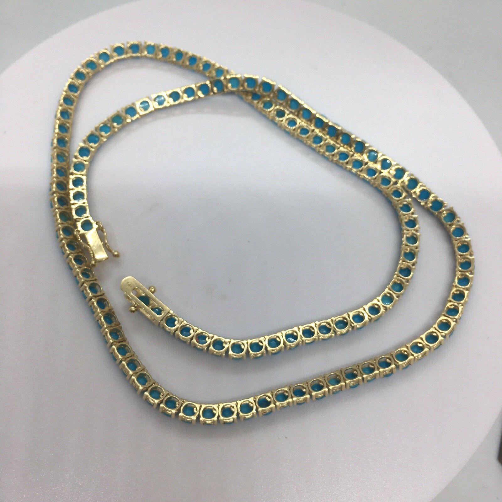 3.5 mm Round Cabochon Arizona Turquoise Tennis Necklace 14k Yellow Gold Necklace For Sale 1