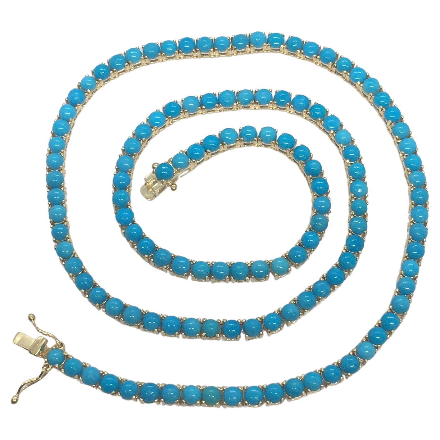 3.5 mm Round Cabochon Arizona Turquoise Tennis Necklace 14k Yellow Gold Necklace For Sale