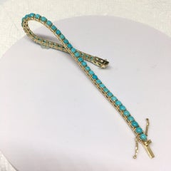 3.5 mm Round Cabochon Natural Arizona Turquoise 14k Yellow Gold Tennis Bracelet