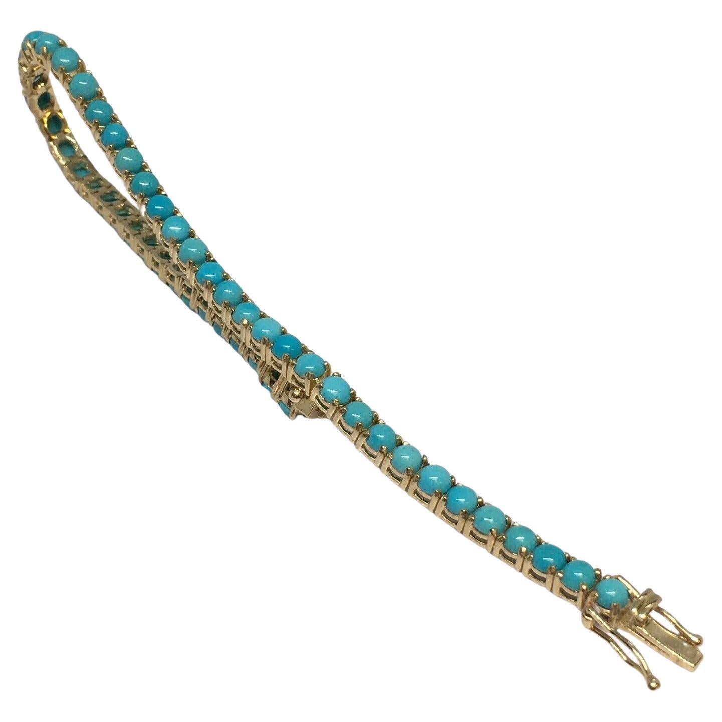 3.5 mm Round Cabochon Natural Arizona Turquoise 14k Yellow Gold Tennis Bracelet For Sale