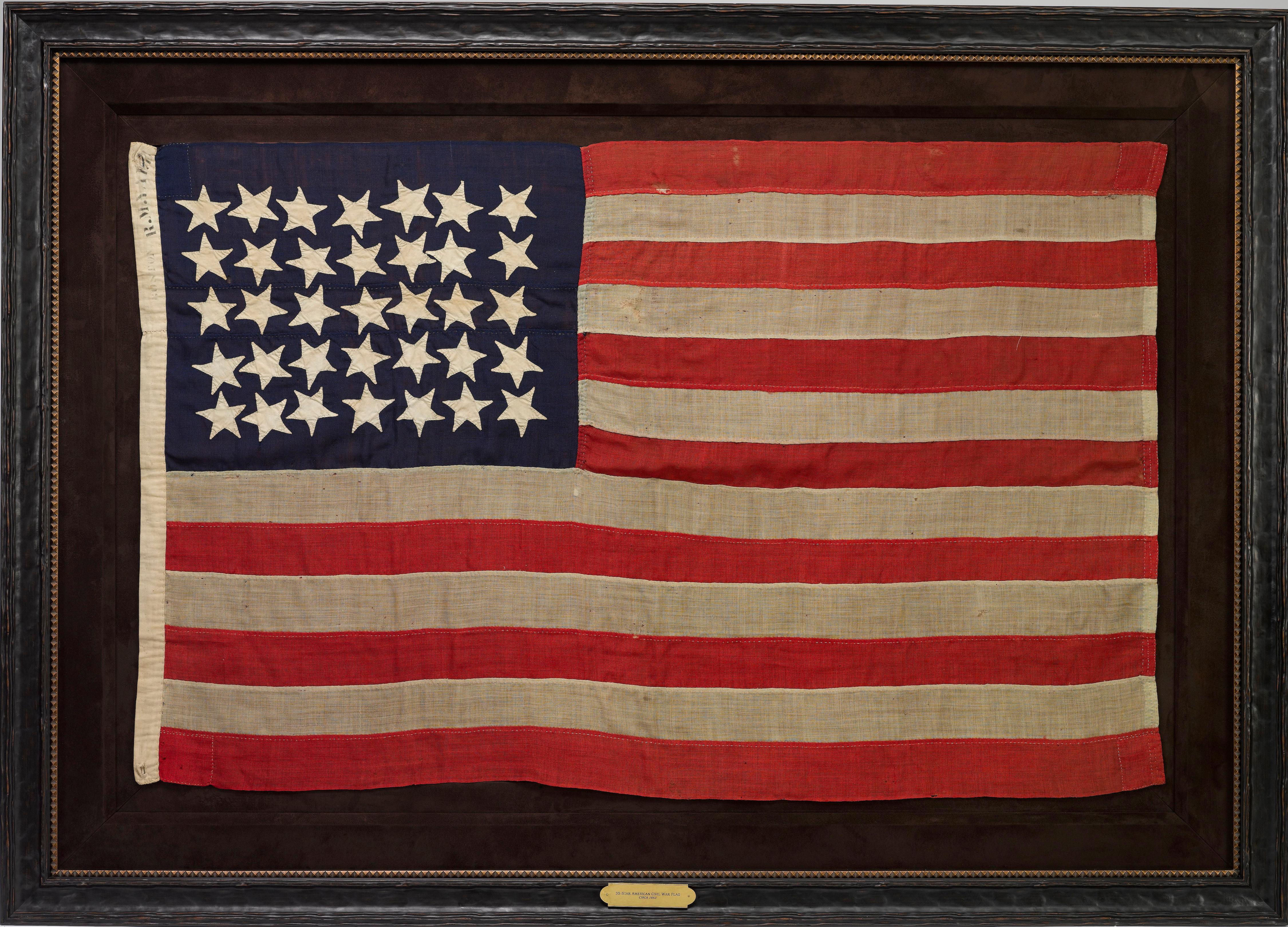 This is a beautifully hand-cut and sewn 35-star American flag, representing the addition of West Virginia to the Union. West Virginia joined the Union on June 20, 1863. Because 35-star flags were produced for less than a year and a half, they are