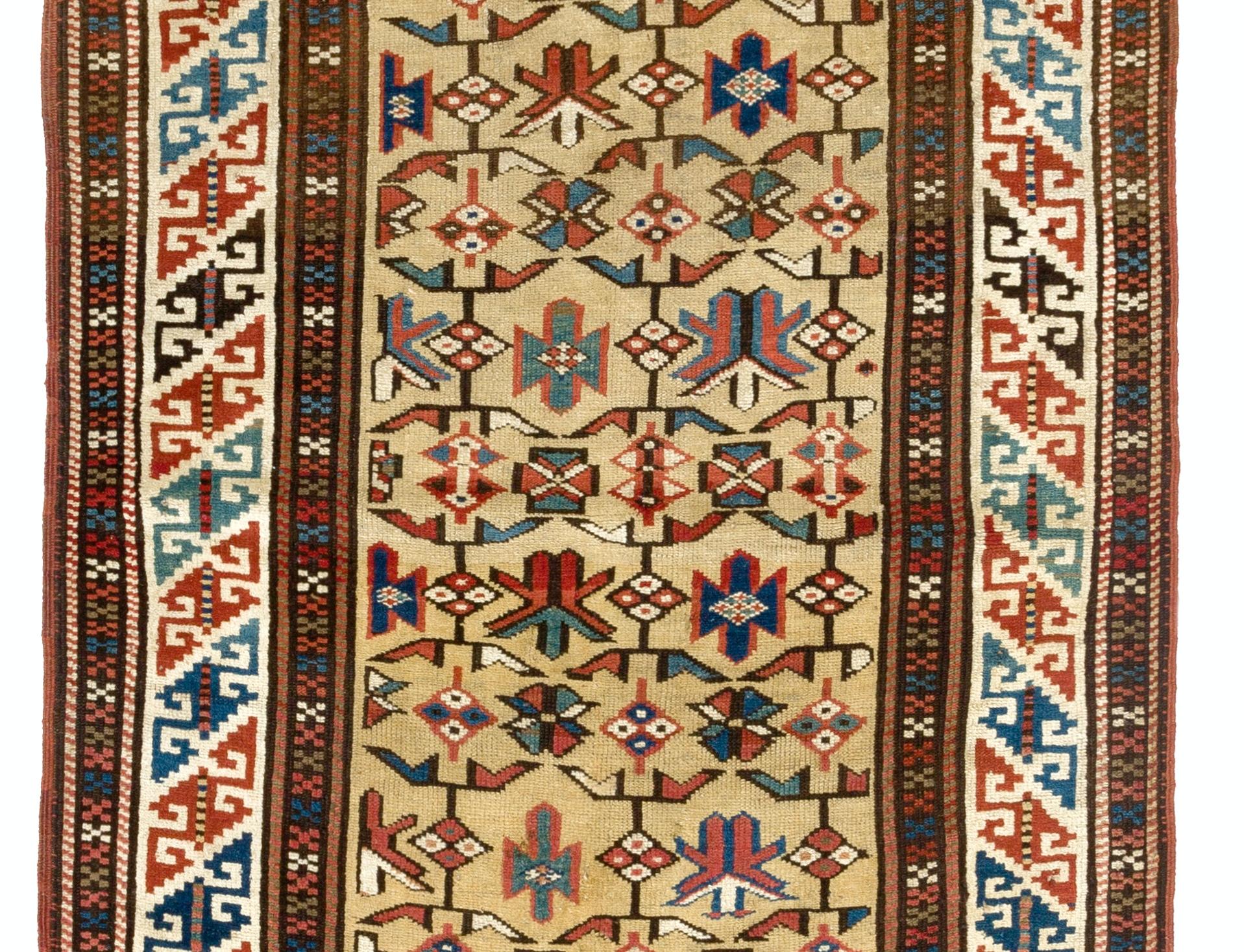 A mid-19th century North East Caucasian rug with a sought after yellow field and beautifully saturated natural dyes. Medium wool pile on wool foundation. Very good condition. Sturdy and as clean as a brand new rug (deep washed professionally).
Size: