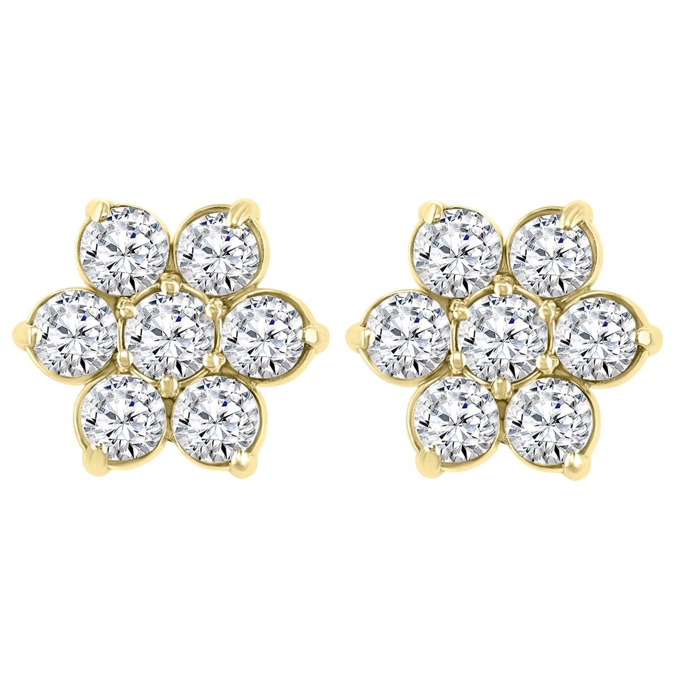 3,50 Karat 7 Diamant Floral Cluster-Blumen-Ohrstecker aus 14 Karat Gelbgold