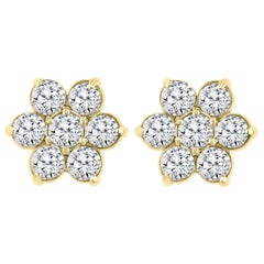 3.50 Carat 7 Diamond Floral Cluster Flower Stud Earrings in 14 Karat Yellow Gold