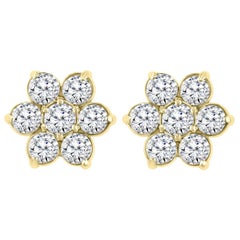 3.50 Carat 7 Diamond Floral Cluster Flower Stud Earrings in 14 Karat Yellow Gold