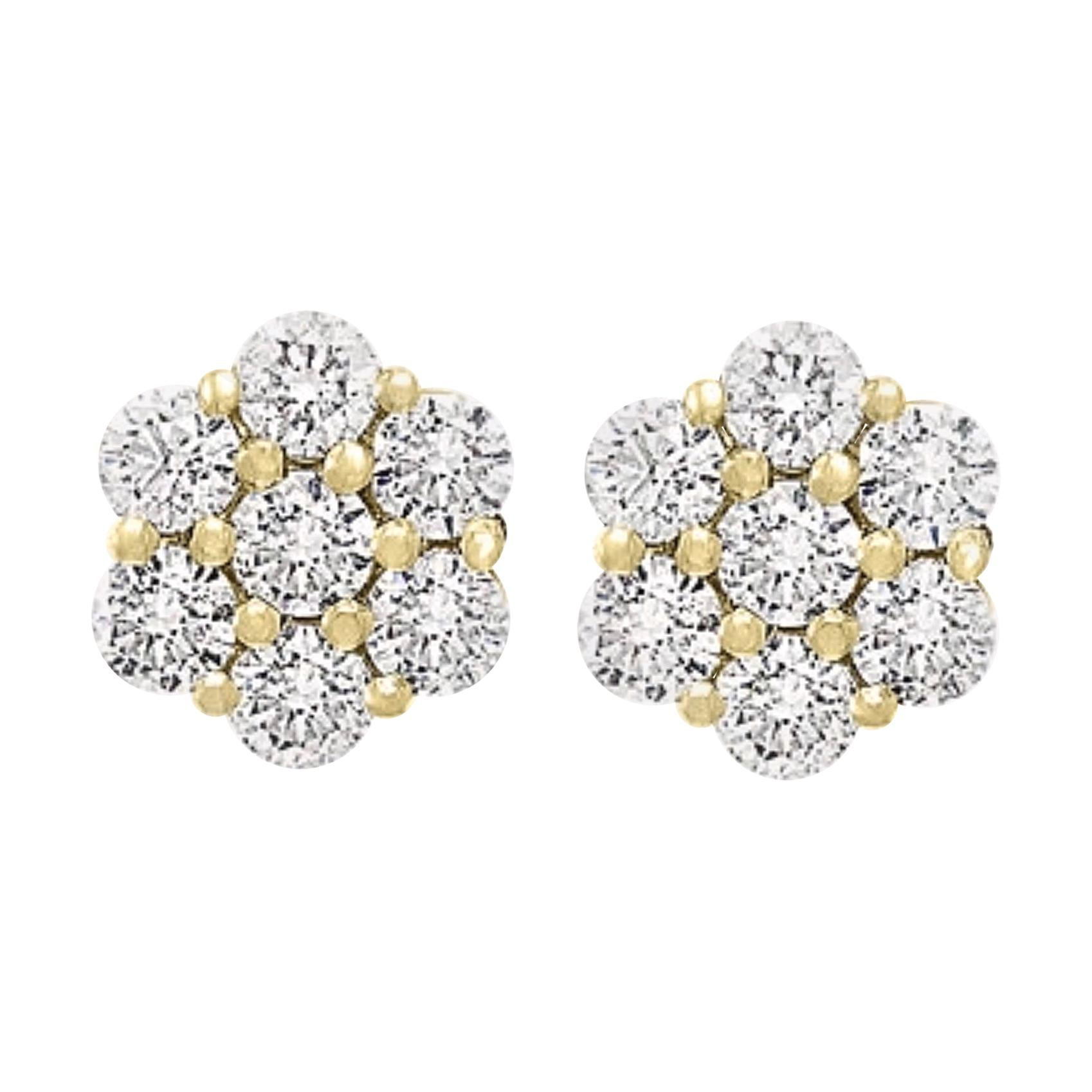 3.50 Carat, 7 Diamond Floral Cluster Flower Stud Earrings in 18 Karat Gold