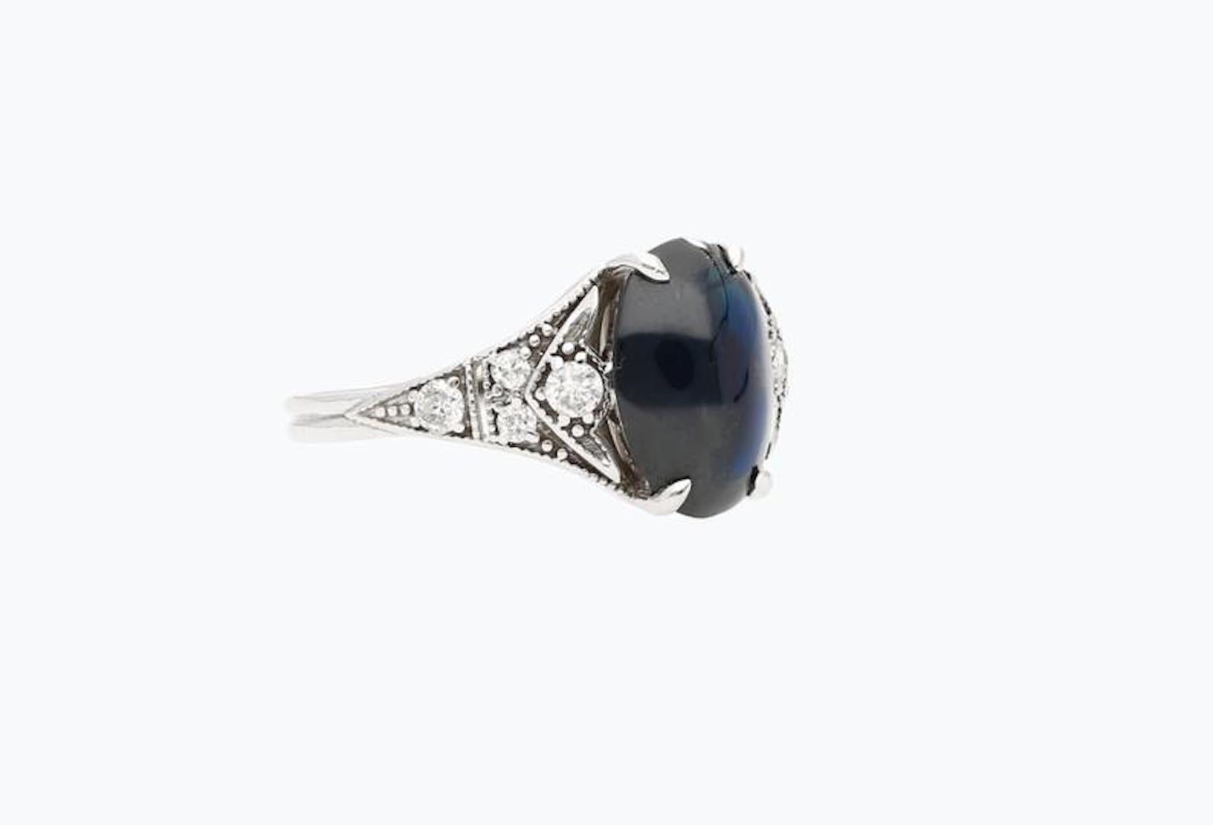 3.50 Carat Art Deco Cabochon-Cut Ceylon Sri Lanka Blue Sapphire and Diamond Ring 1
