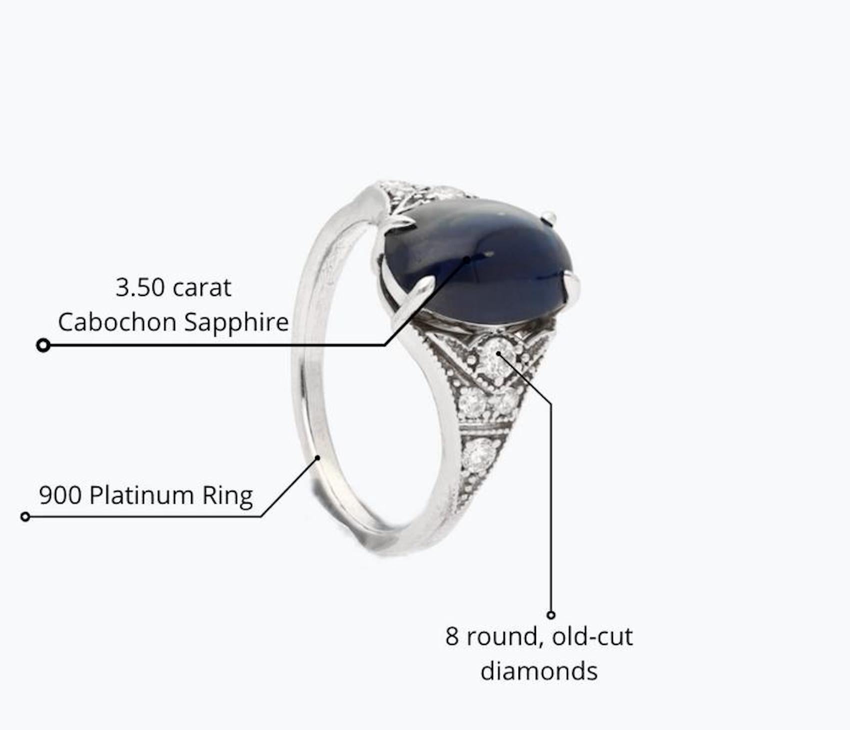3.50 Carat Art Deco Cabochon-Cut Ceylon Sri Lanka Blue Sapphire and Diamond Ring 3