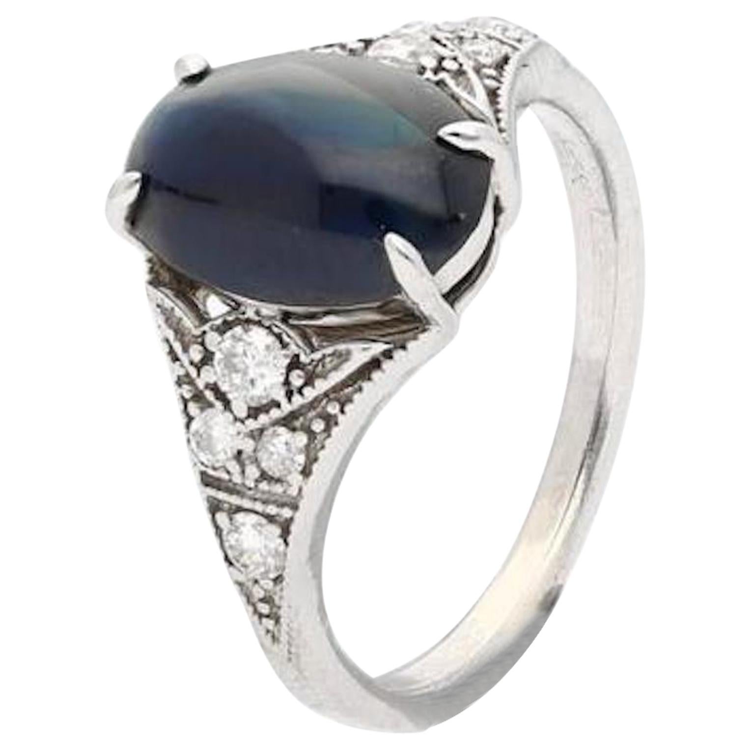 3.50 Carat Art Deco Cabochon-Cut Ceylon Sri Lanka Blue Sapphire and Diamond Ring
