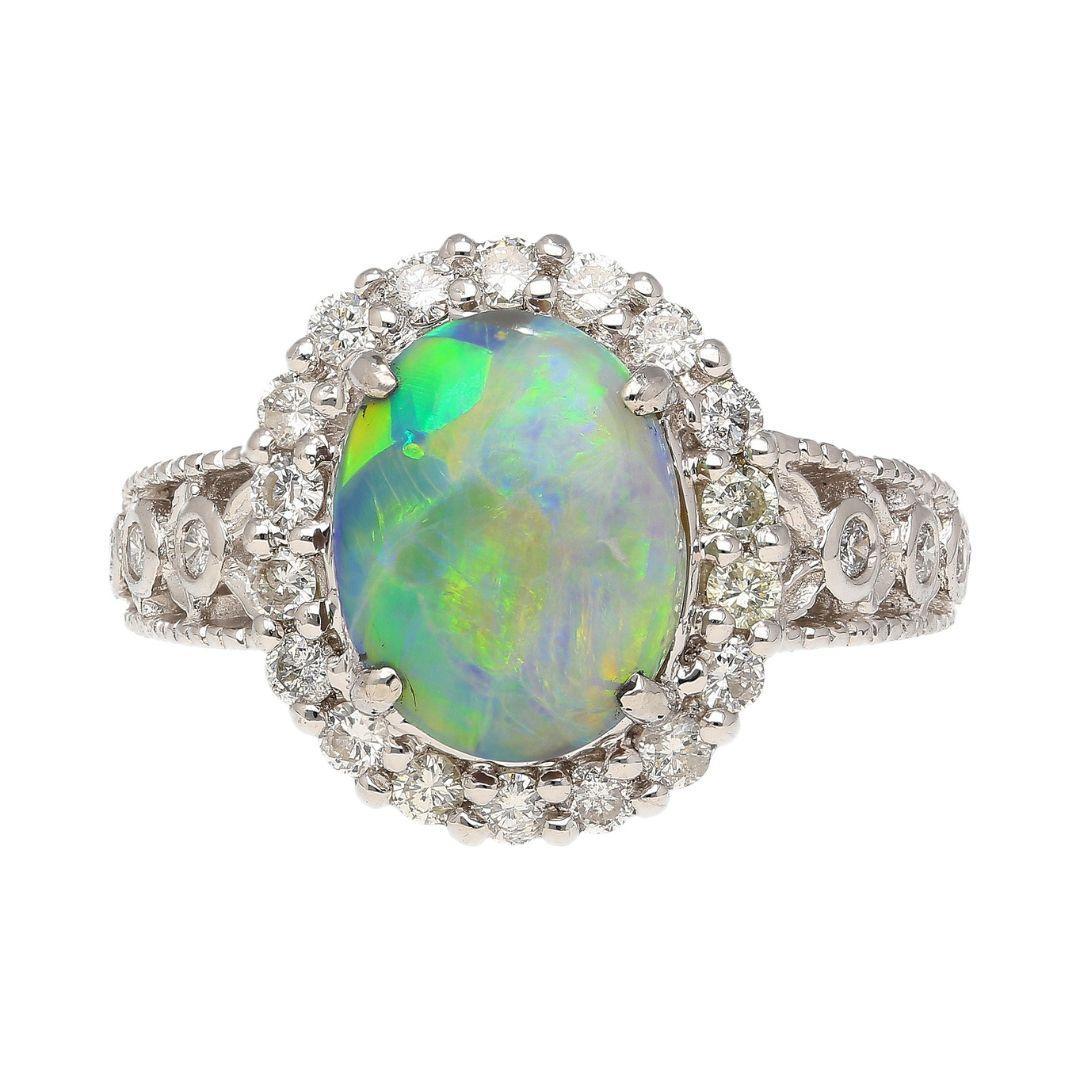 3.50 Carat Black Opal & Diamond Halo Platinum Filigree Ring For Sale 5